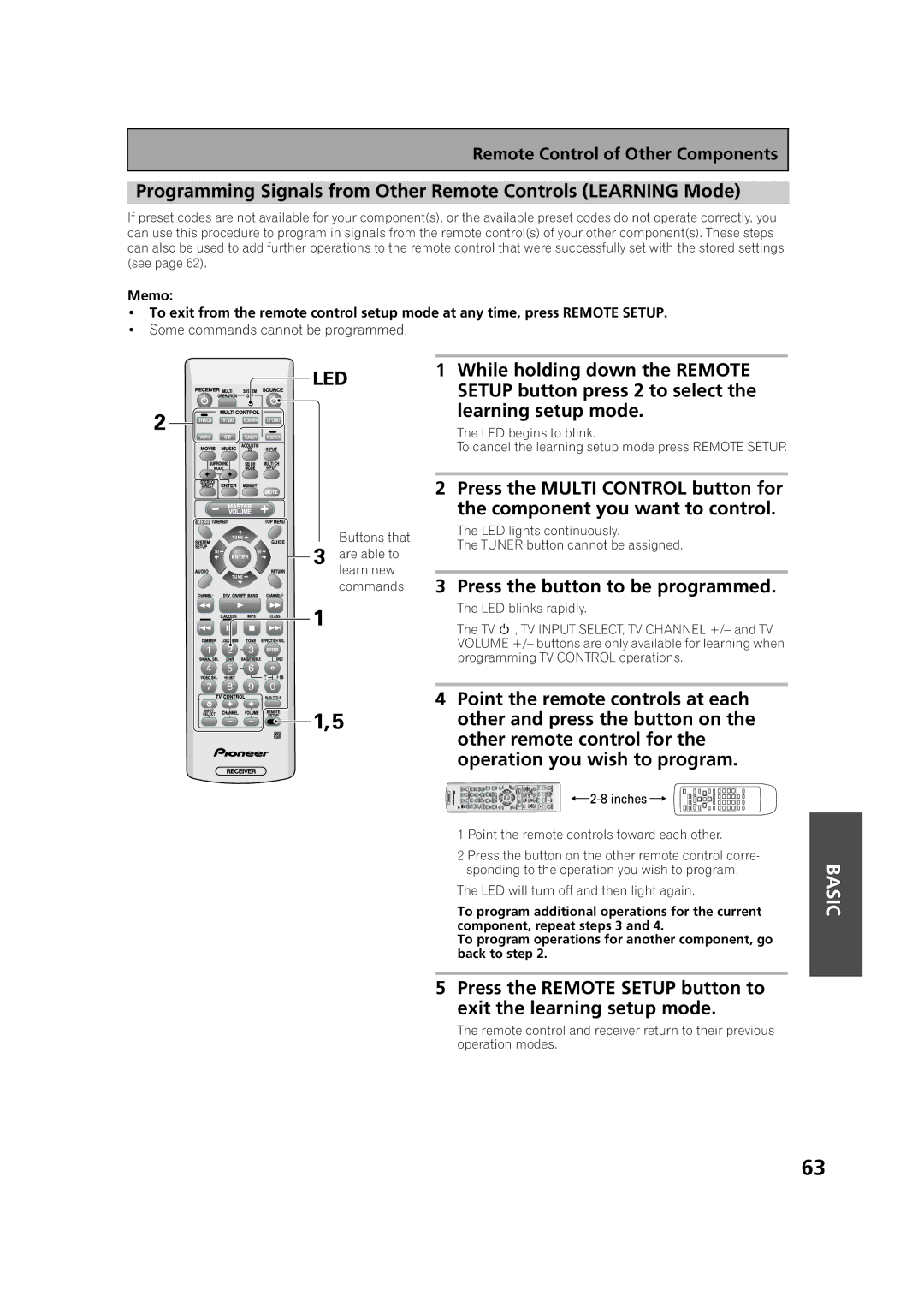 Pioneer VSX-53TX manual Programming Signals from Other Remote Controls Learning Mode, Press the button to be programmed 