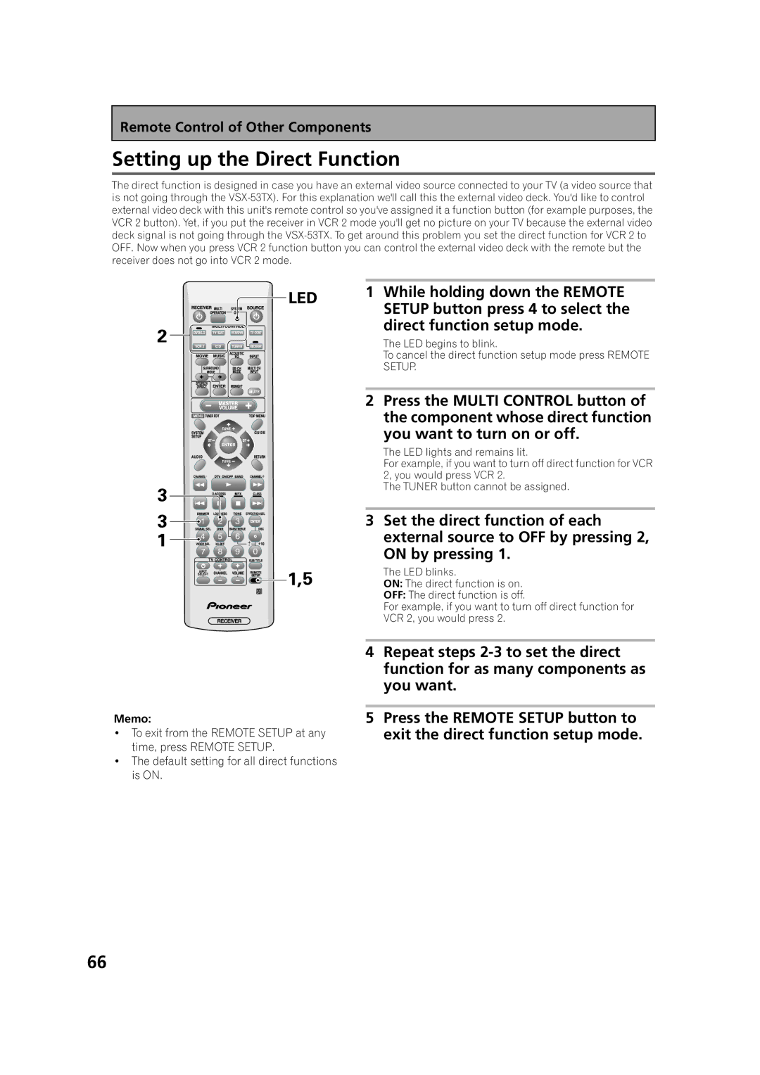 Pioneer VSX-53TX manual Setting up the Direct Function 