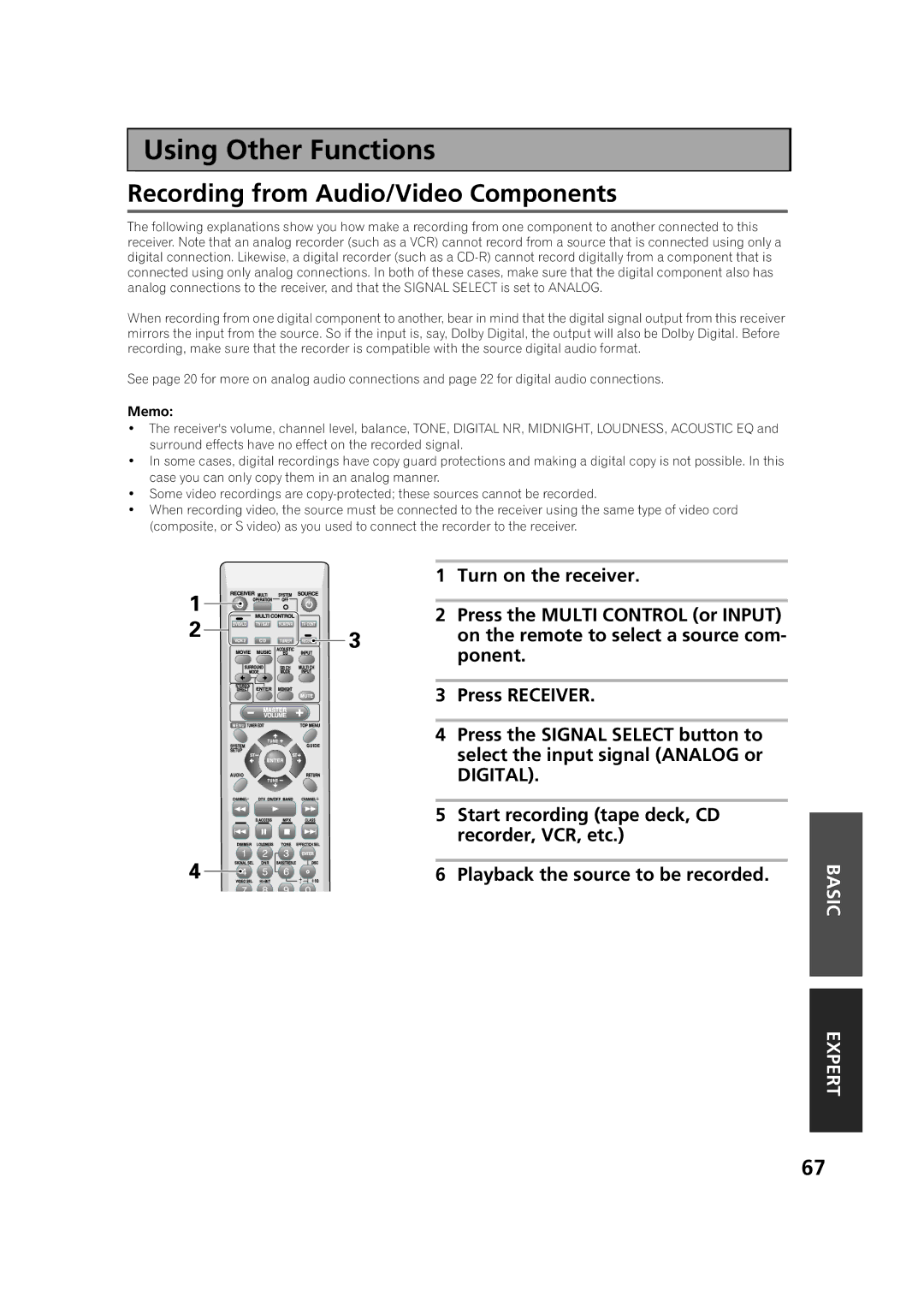 Pioneer VSX-53TX Using Other FunctionsUsing Other Functions, Recording from Audio/Video Components, Turn on the receiver 