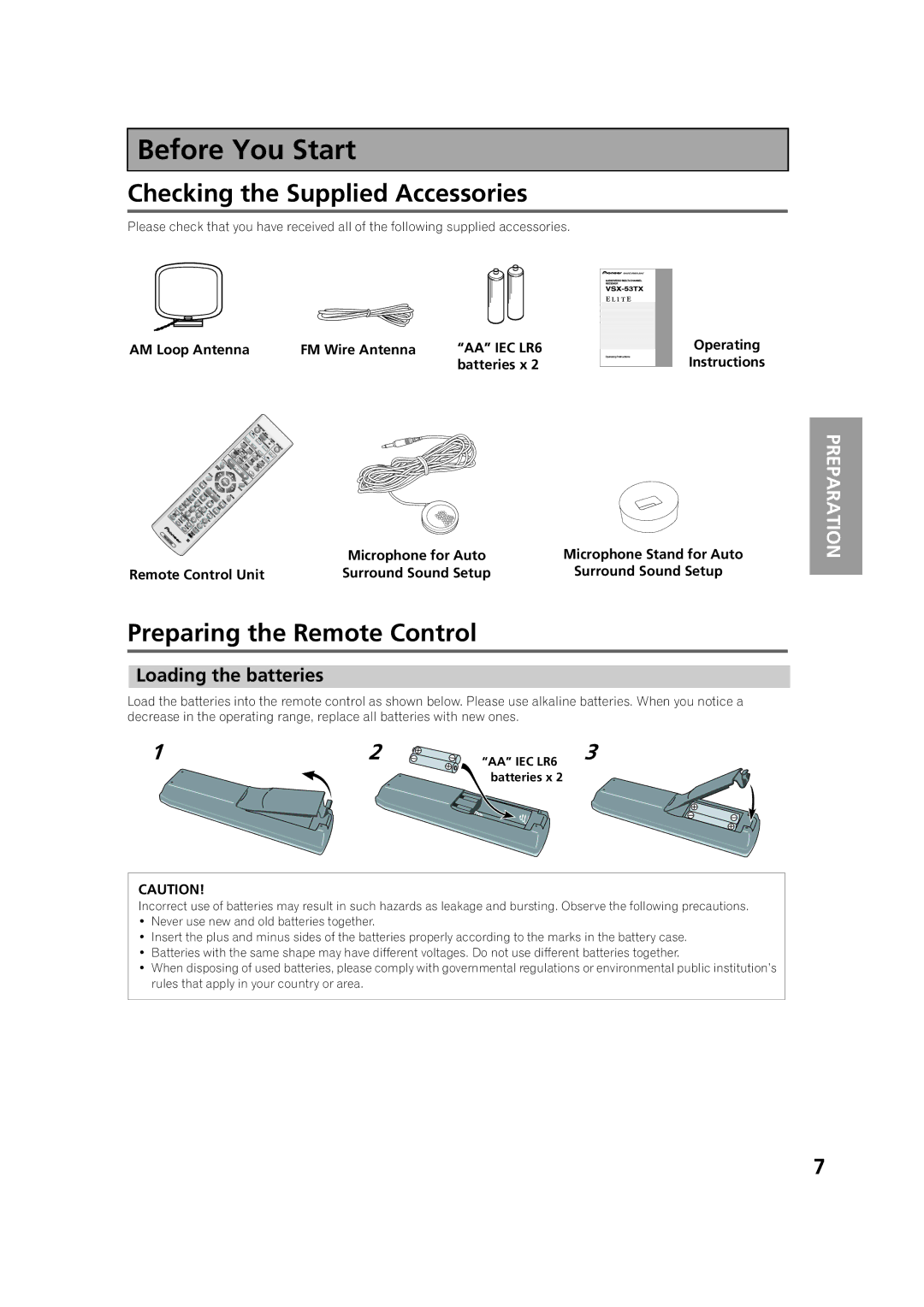 Pioneer VSX-53TX Before You Start, Checking the Supplied Accessories, Preparing the Remote Control, Loading the batteries 