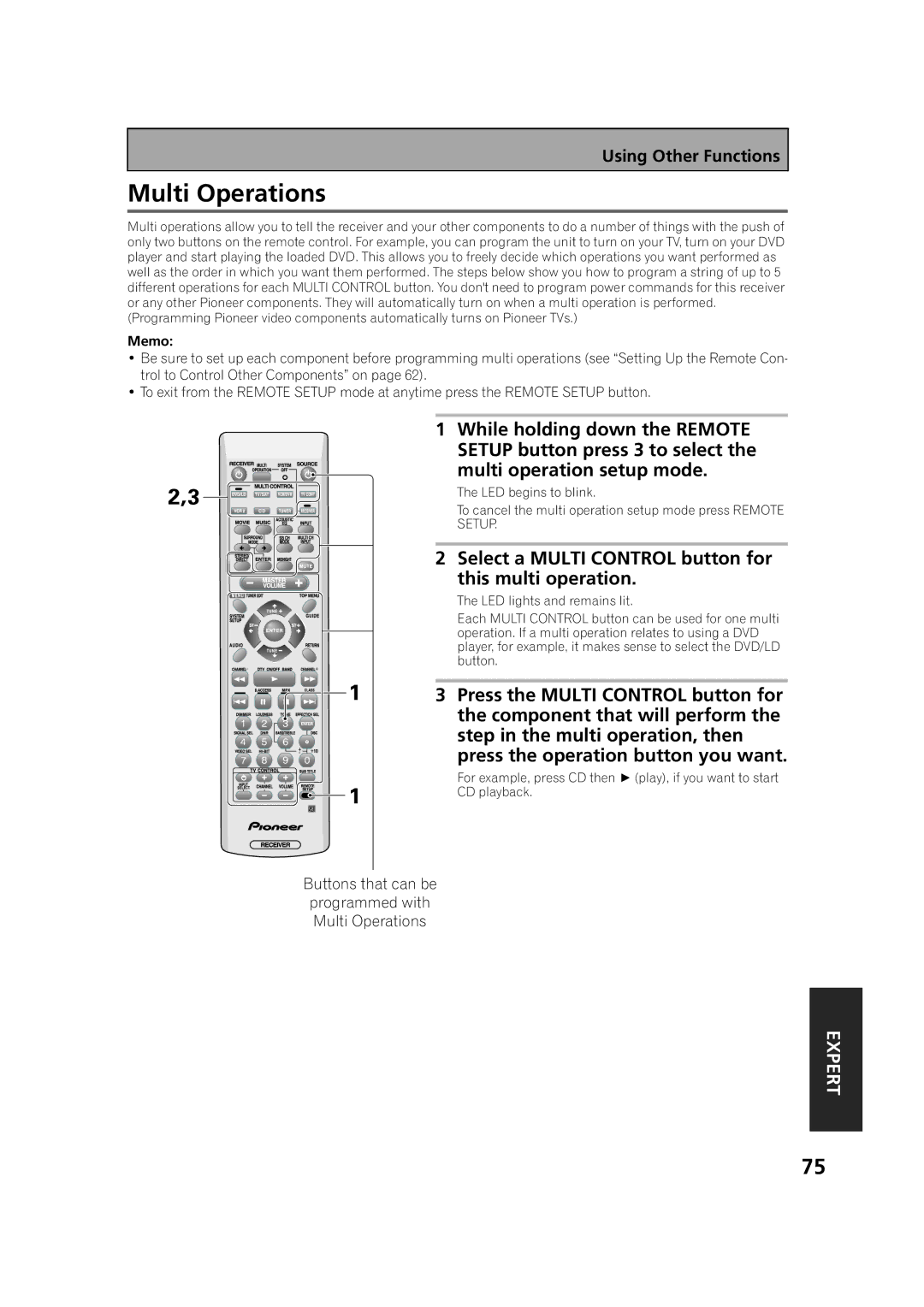 Pioneer VSX-53TX manual Multi Operations, Select a Multi Control button for this multi operation 