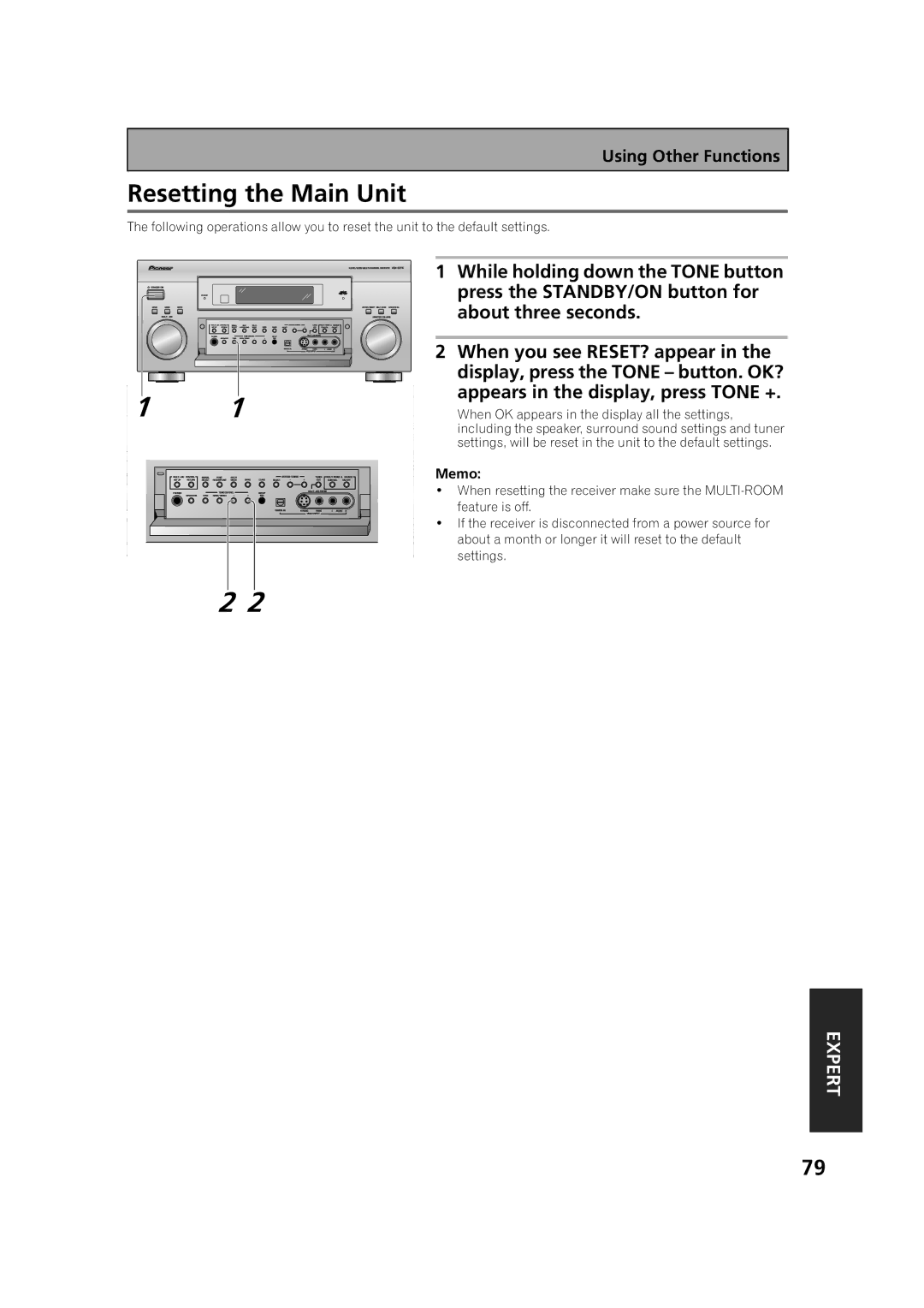 Pioneer VSX-53TX Resetting the Main Unit, Press the STANDBY/ON button for, About three seconds, When you see RESET? appear 