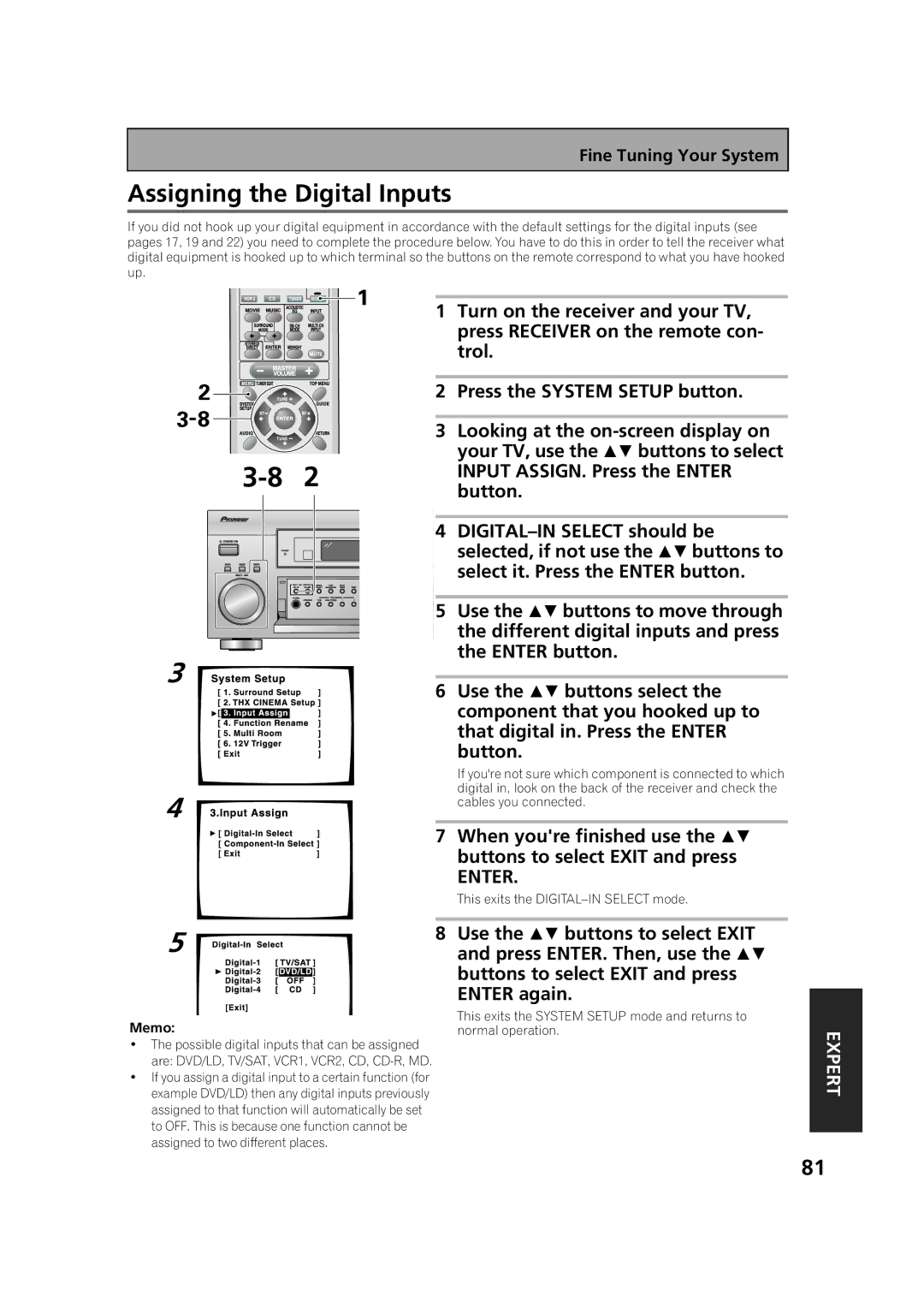 Pioneer VSX-53TX manual Input ASSIGN. Press the Enter, DIGITAL-IN Select should be, Selected, if not use the  buttons to 