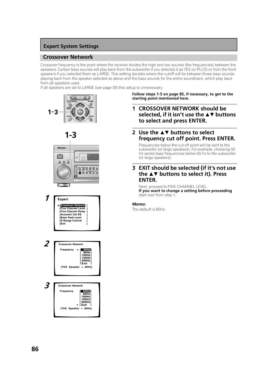 Pioneer VSX-53TX manual Crossover Network should be, To select and press Enter 