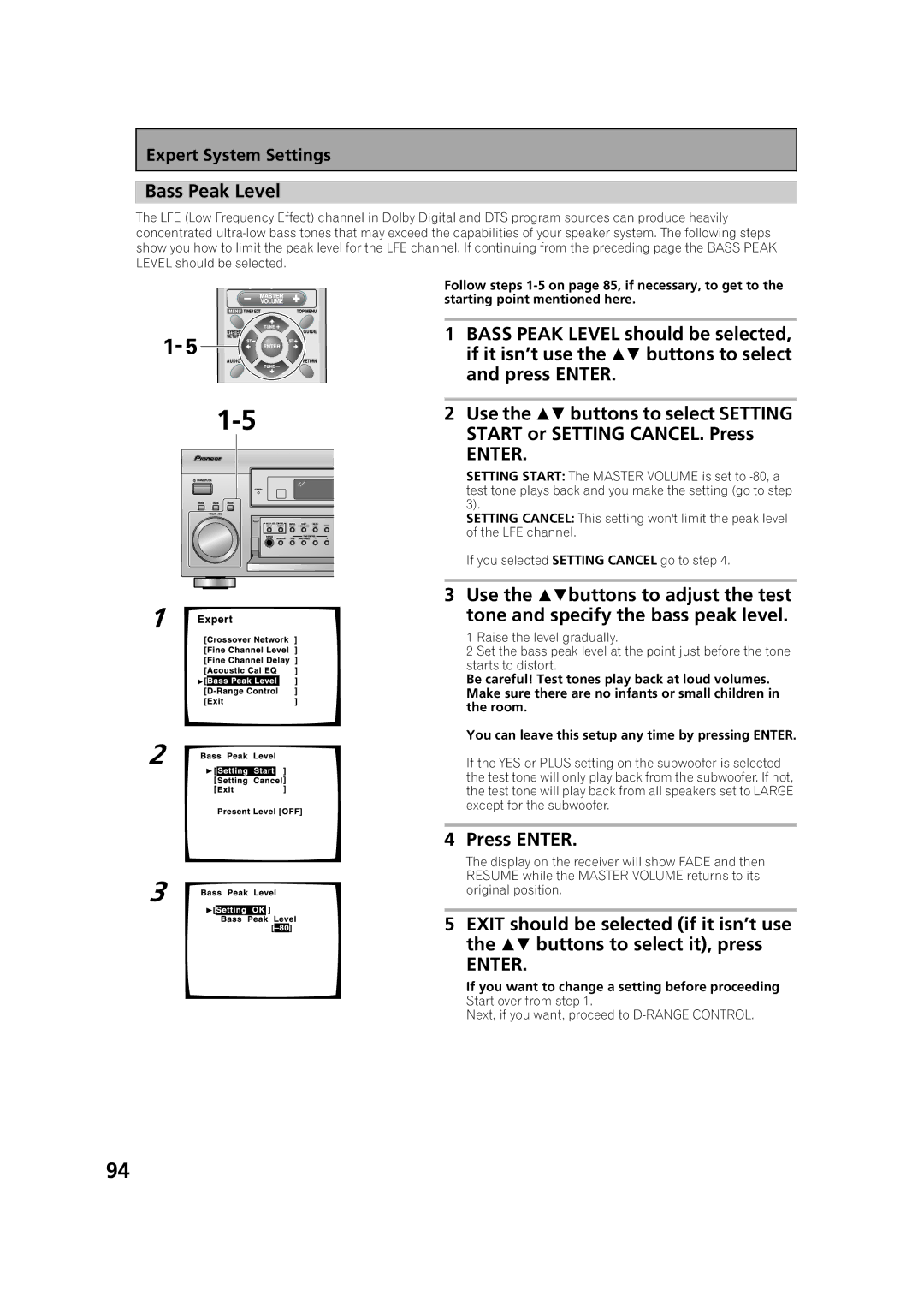 Pioneer VSX-53TX manual Bass Peak Level, Start or Setting CANCEL. Press, Use the buttons to adjust the test 