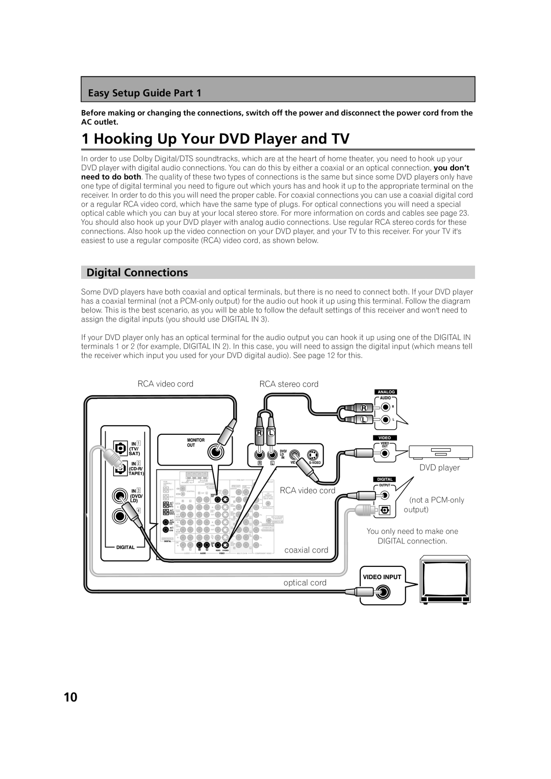 Pioneer VSX-53TX manual Hooking Up Your DVD Player and TV, Digital Connections, Easy Setup Guide Part 