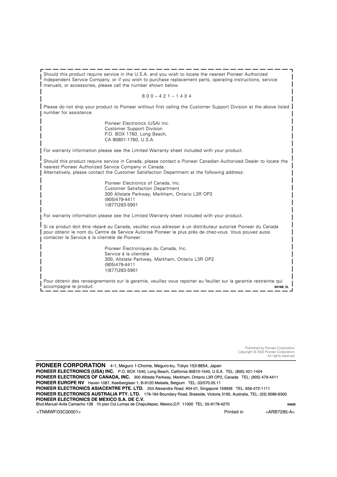 Pioneer VSX-53TX manual <TNMWF/03C00001>, Printed in, <ARB7285-A> 