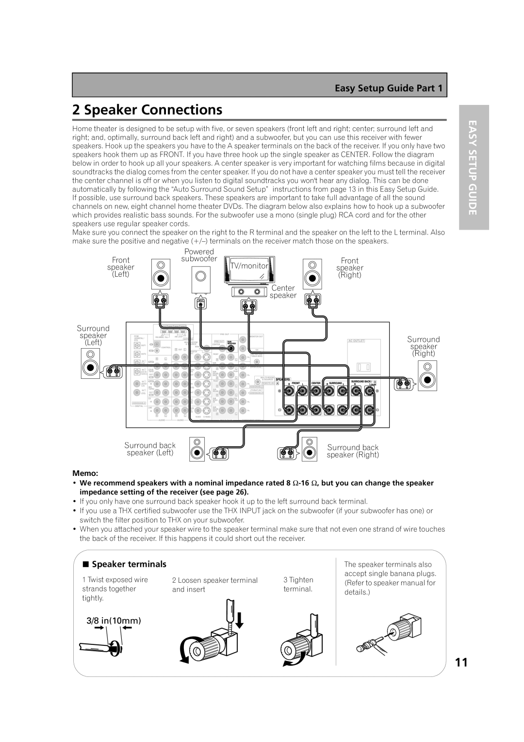 Pioneer VSX-53TX manual Speaker Connections, Easy Setup Guide Part,  Speaker terminals 