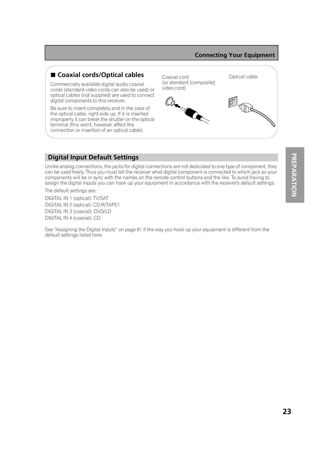 Pioneer VSX-53TX Coaxial cords/Optical cables, Digital Input Default Settings, Preparation, Connecting Your Equipment 