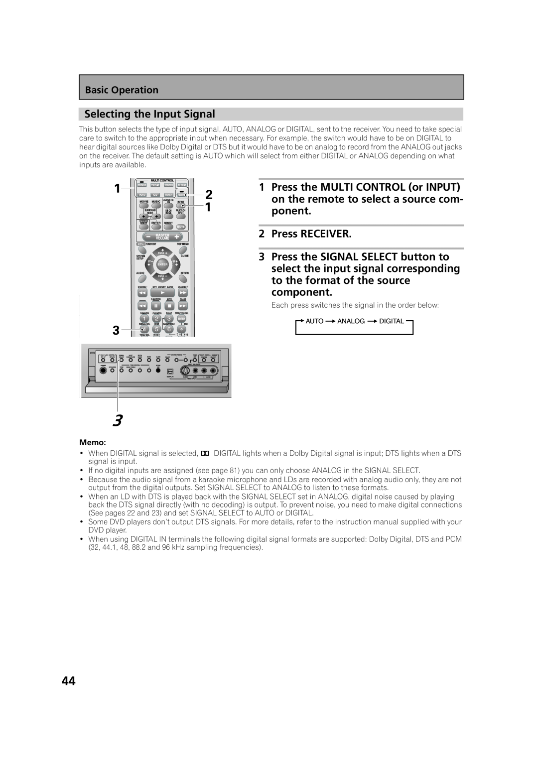 Pioneer VSX-53TX manual Selecting the Input Signal, Press RECEIVER, Basic Operation 