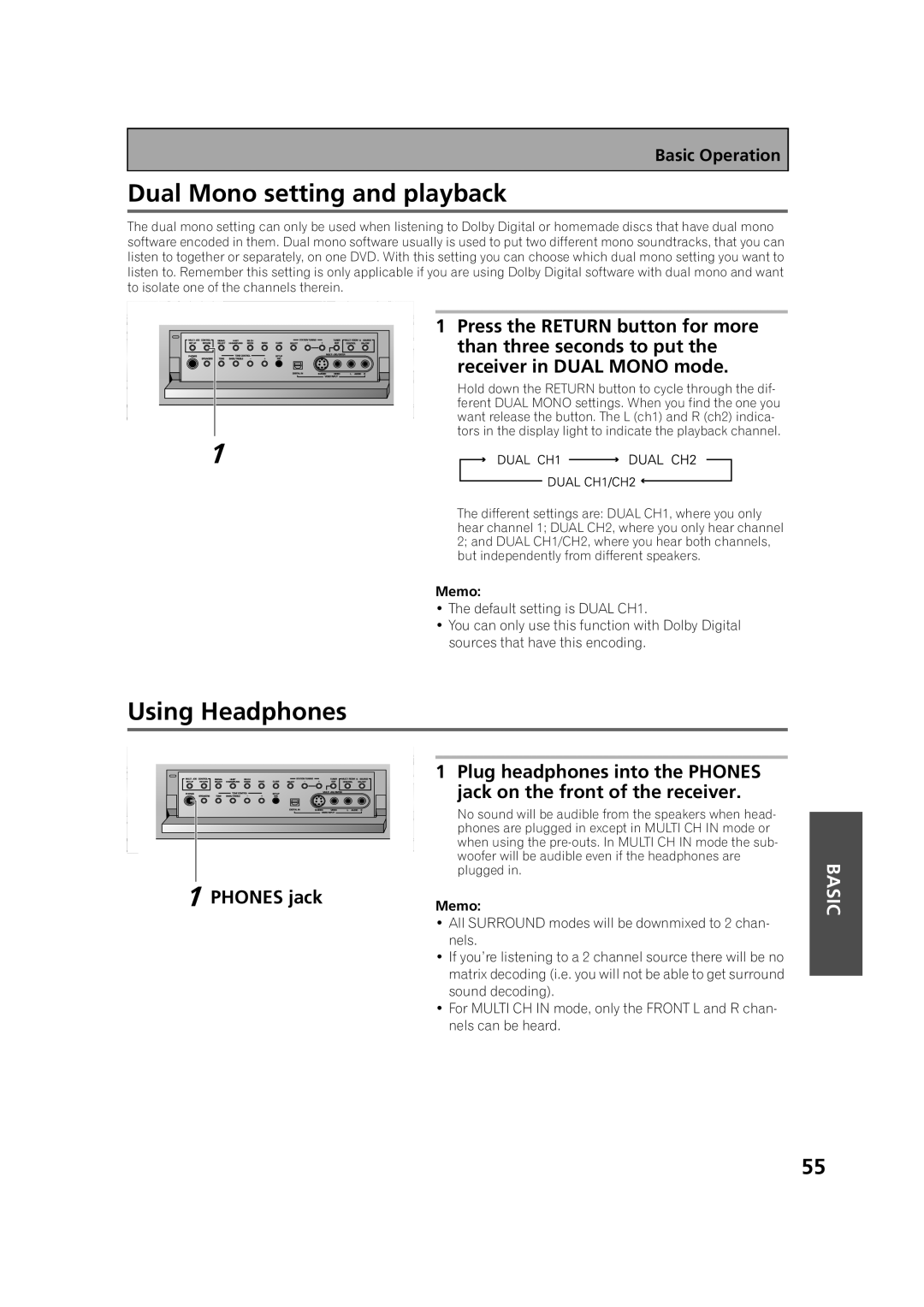 Pioneer VSX-53TX Dual Mono setting and playback, Using Headphones, Plug headphones into the PHONES, PHONES jack, Basic 