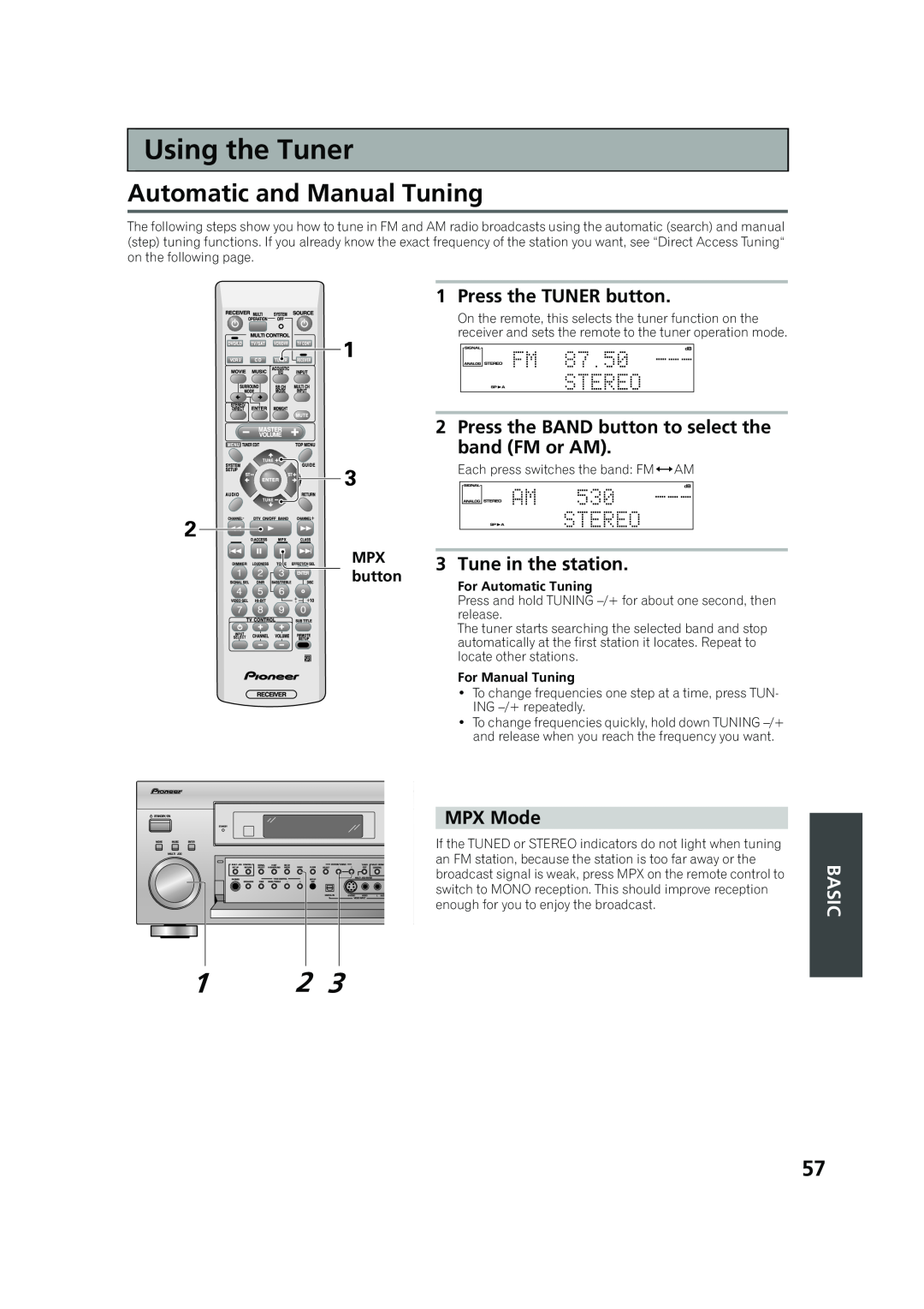 Pioneer VSX-53TX Using the TunerUsing the Tuner, Automatic and Manual Tuning, Press the BAND button to select the, Basic 