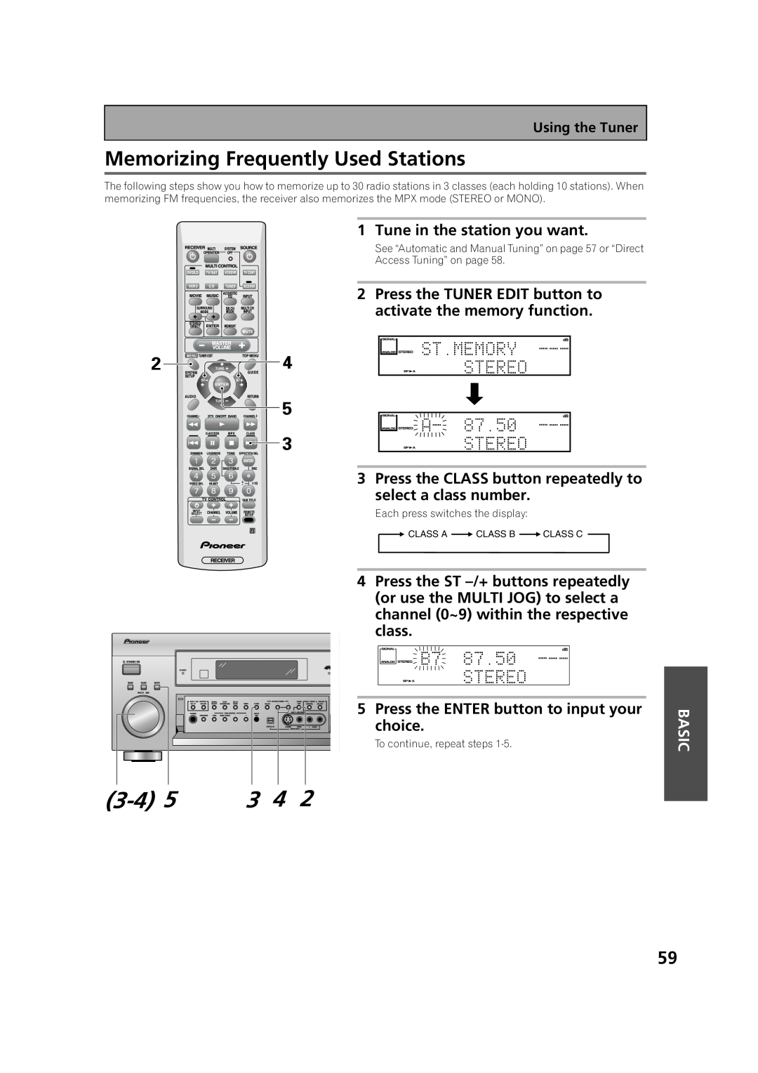 Pioneer VSX-53TX manual 3-45, Memorizing Frequently Used Stations, Basic 