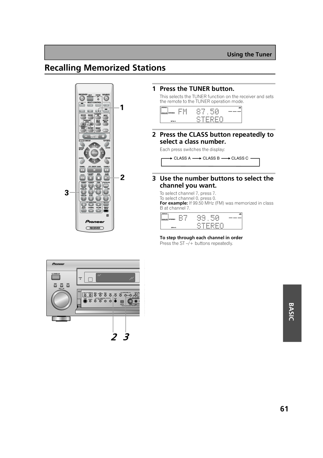Pioneer VSX-53TX manual Recalling Memorized Stations, Basic 
