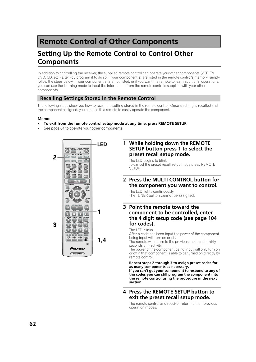 Pioneer VSX-53TX manual Recalling Settings Stored in the Remote Control 