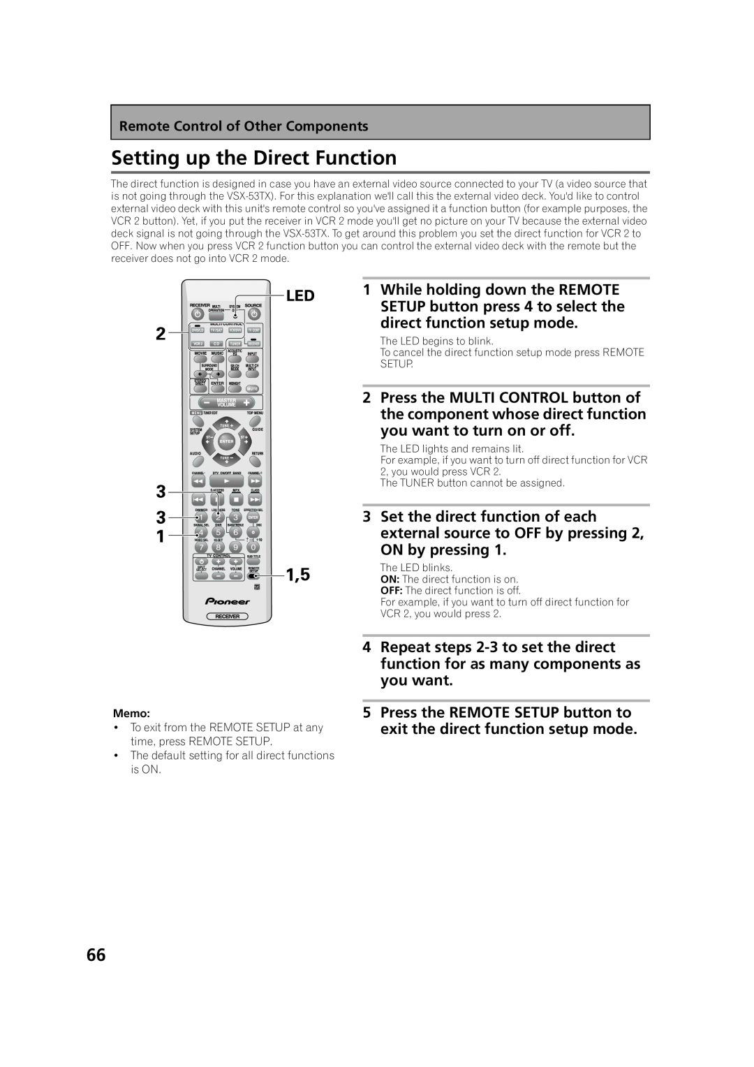 Pioneer VSX-53TX manual Setting up the Direct Function, Remote Control of Other Components 