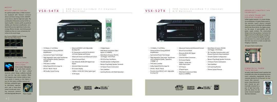 Pioneer VSX-54TX manual X 5 4 T, X 5 2 T, S F E T, V a N C E D C O N S T R U C T I O N T E C H N I Q U E S 