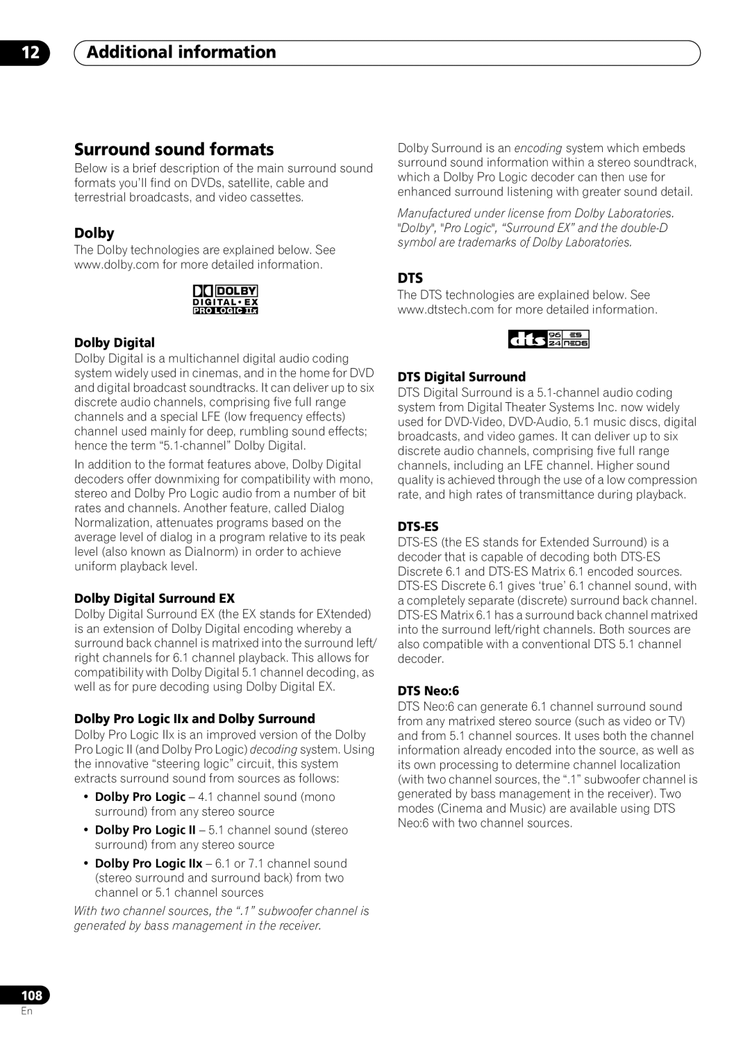 Pioneer VSX-59TXi operating instructions Additional information Surround sound formats, Dolby 