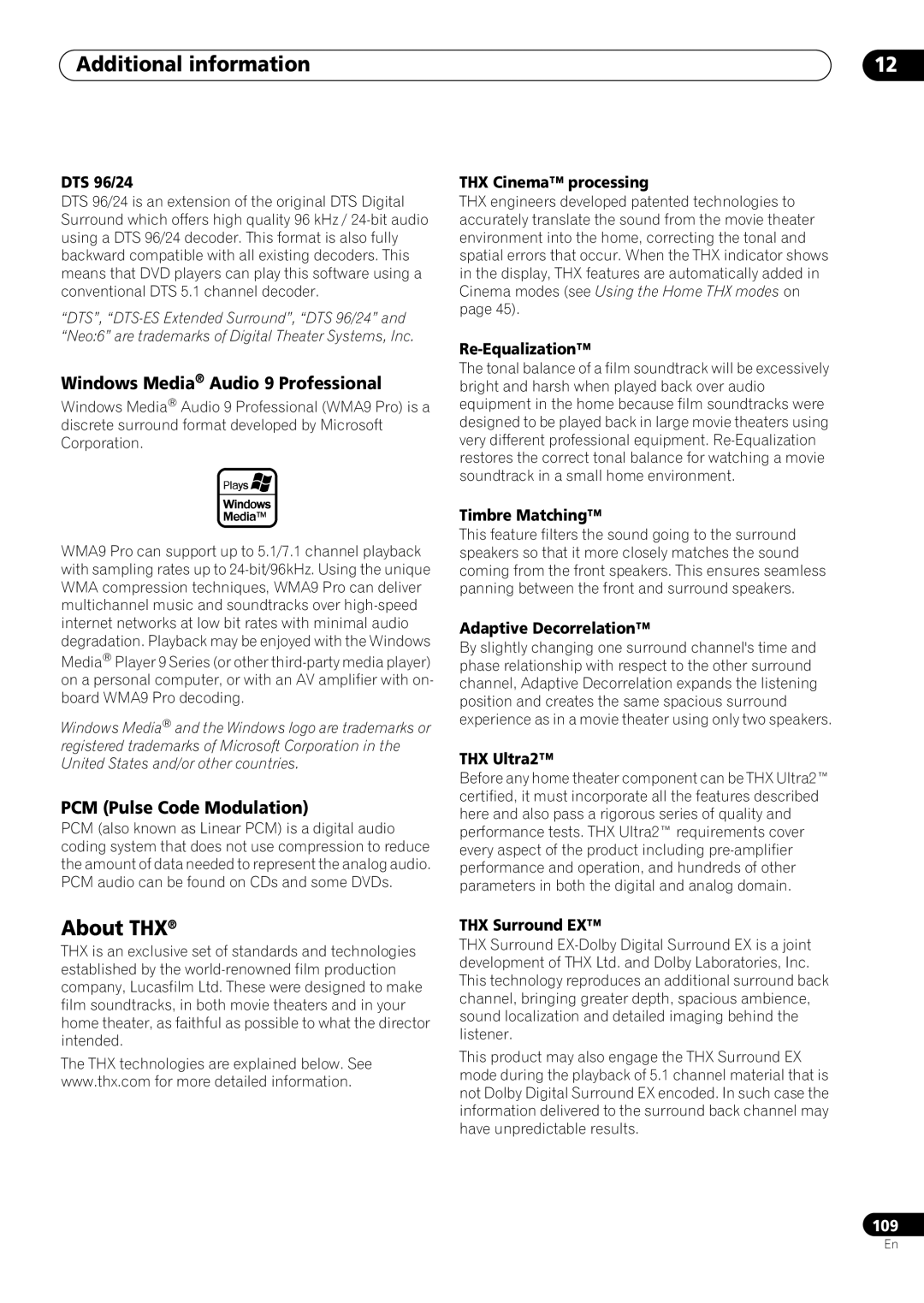 Pioneer VSX-59TXi operating instructions About THX, Windows Media Audio 9 Professional, PCM Pulse Code Modulation 