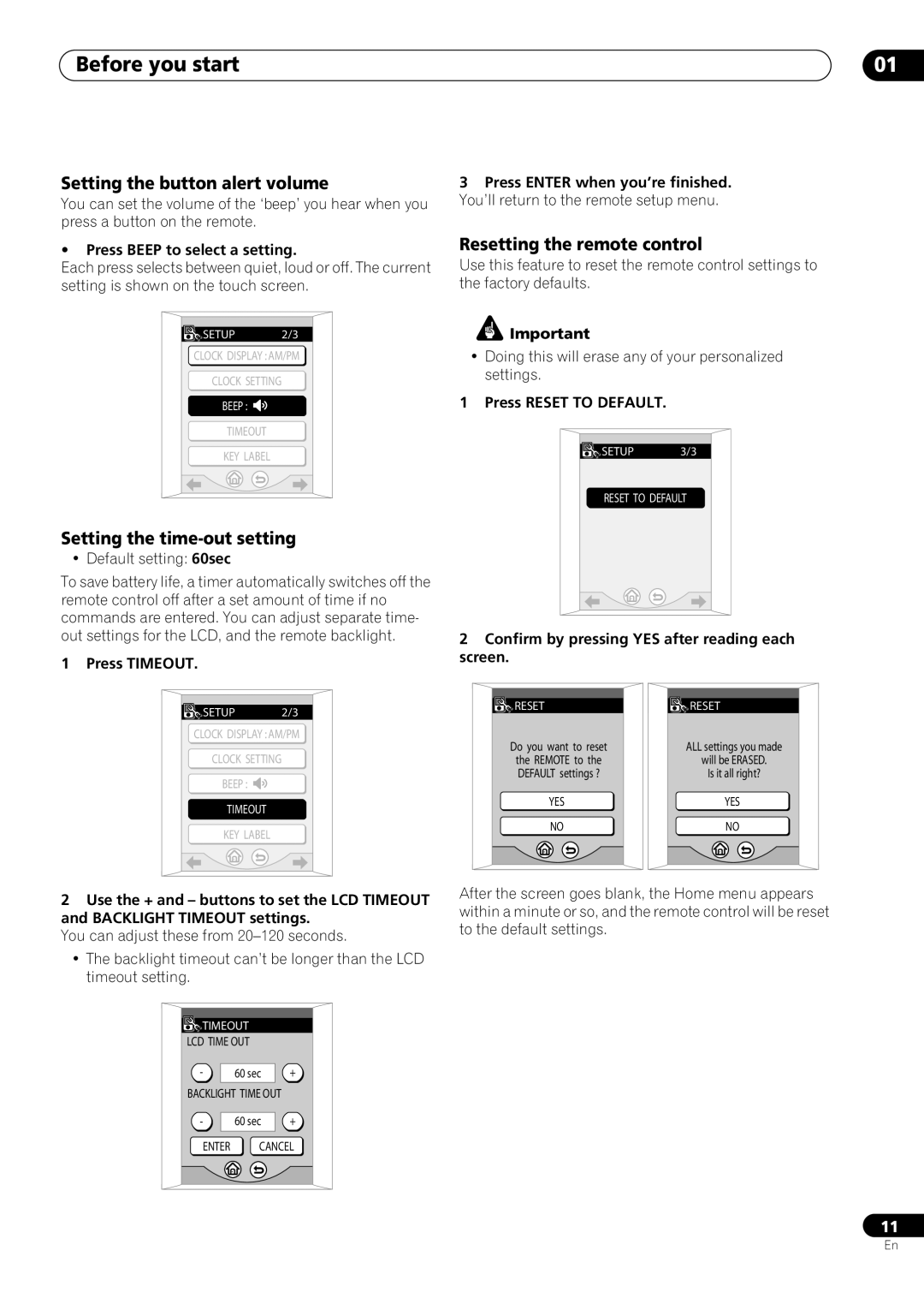 Pioneer VSX-59TXi Setting the button alert volume, Setting the time-out setting, Resetting the remote control 