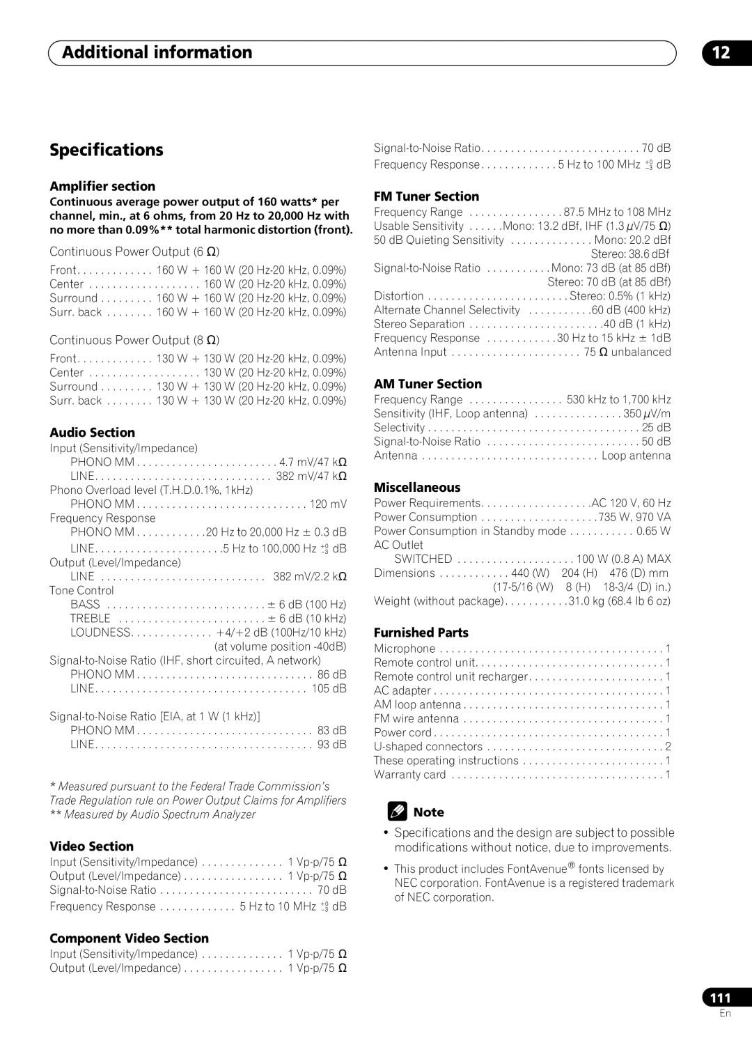 Pioneer VSX-59TXi operating instructions Additional information Specifications 