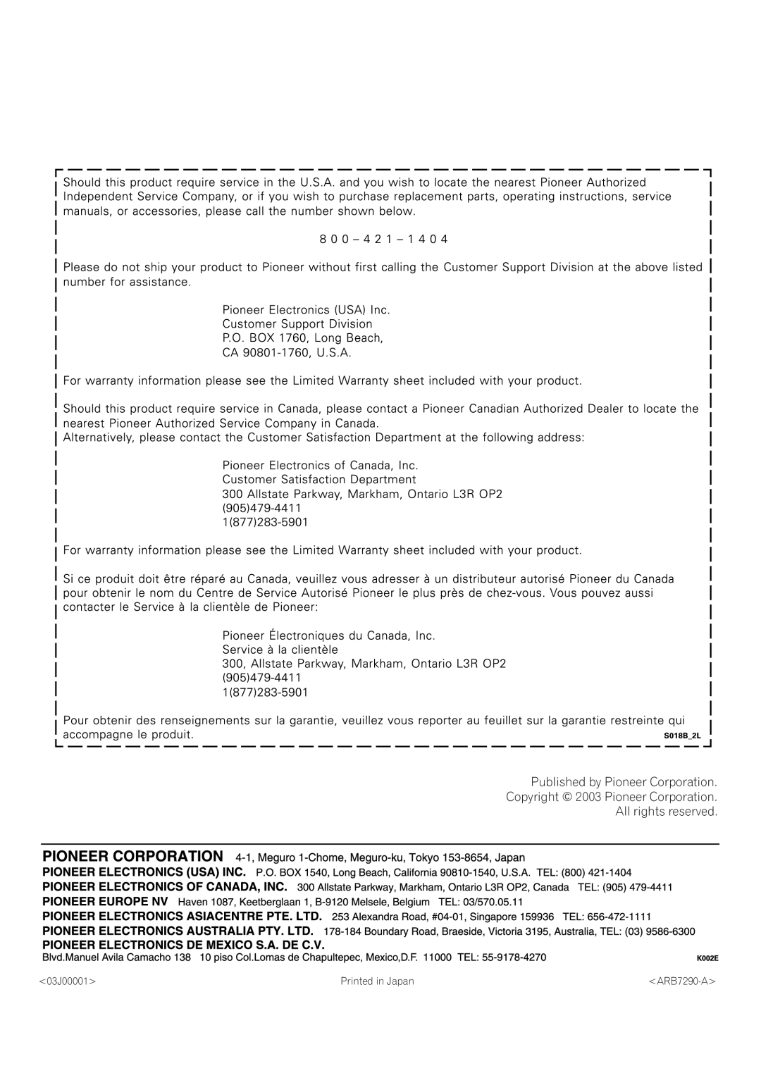 Pioneer VSX-59TXi operating instructions 03J00001 ARB7290-A 