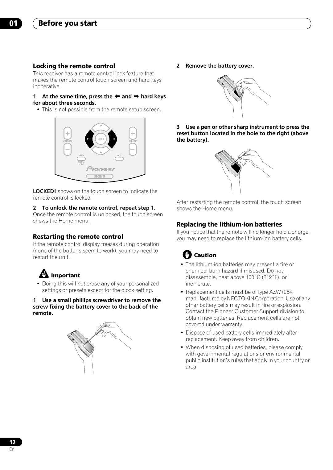 Pioneer VSX-59TXi Locking the remote control2 Remove the battery cover, Restarting the remote control 