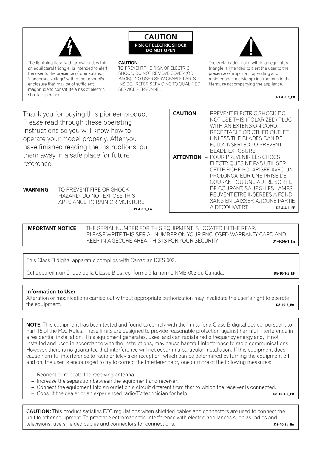 Pioneer VSX-59TXi operating instructions Information to User, Risk of Electric Shock Do not Open 