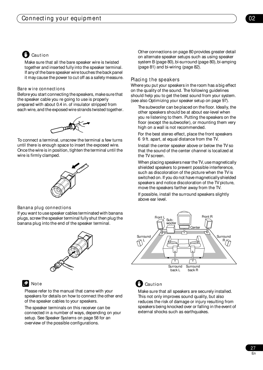 Pioneer VSX-59TXi operating instructions Placing the speakers, Bare wire connections, Banana plug connections 