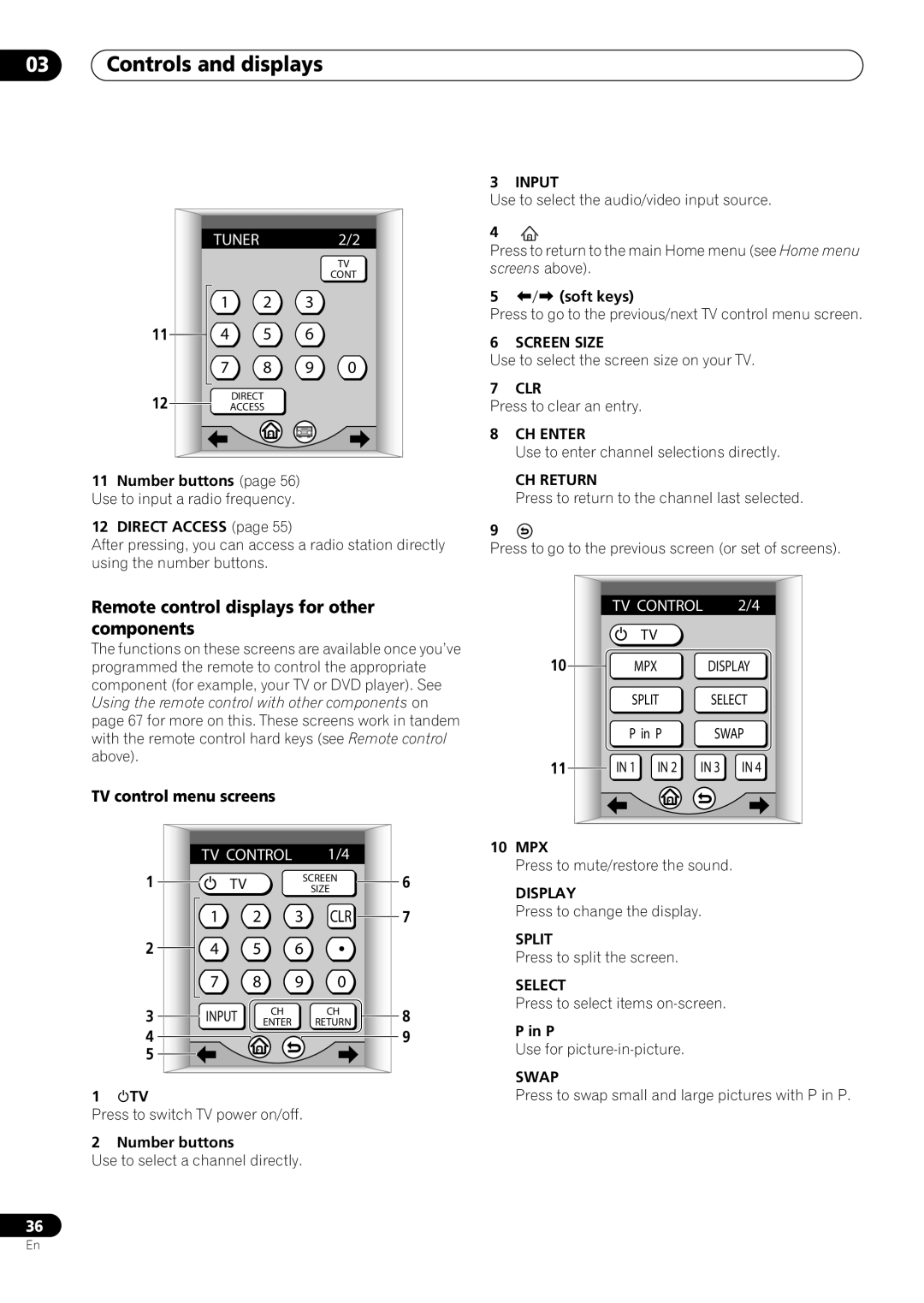 Pioneer VSX-59TXi operating instructions Remote control displays for other components, TV control menu screens 