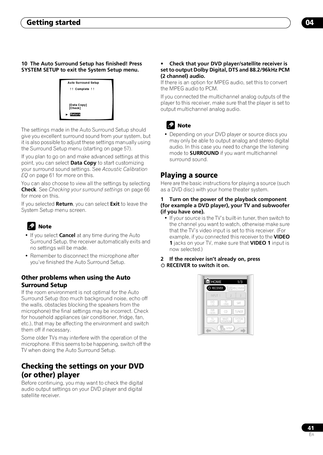 Pioneer VSX-59TXi operating instructions Checking the settings on your DVD or other player, Playing a source 