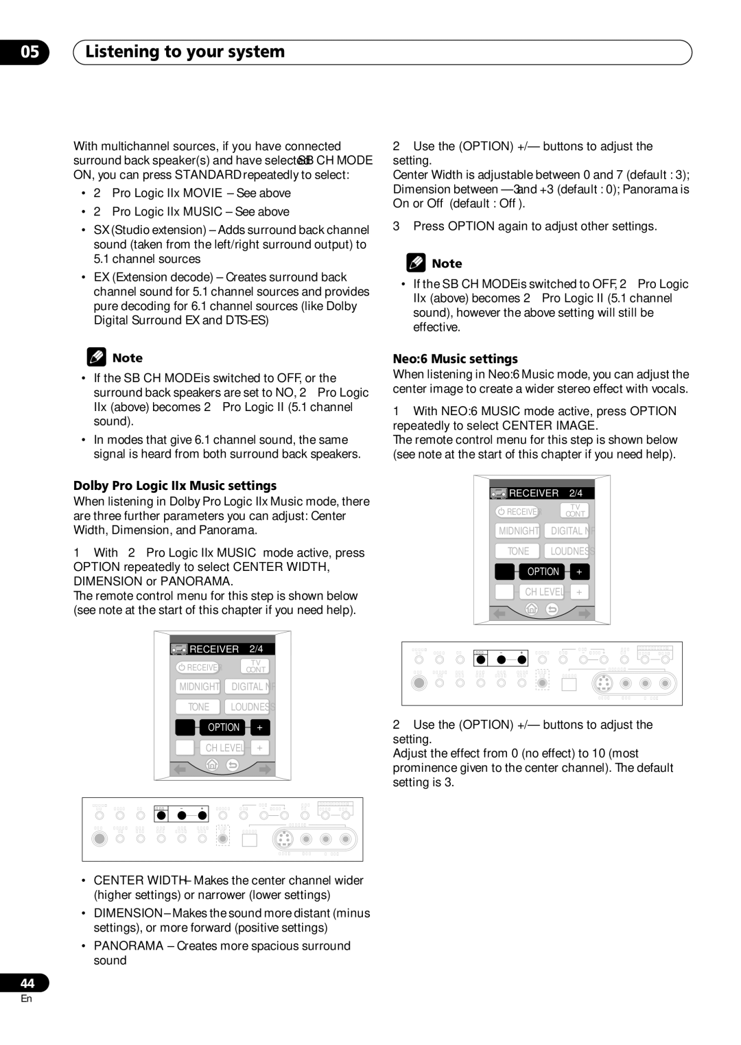 Pioneer VSX-59TXi operating instructions Listening to your system, Dolby Pro Logic IIx Music settings, Neo6 Music settings 