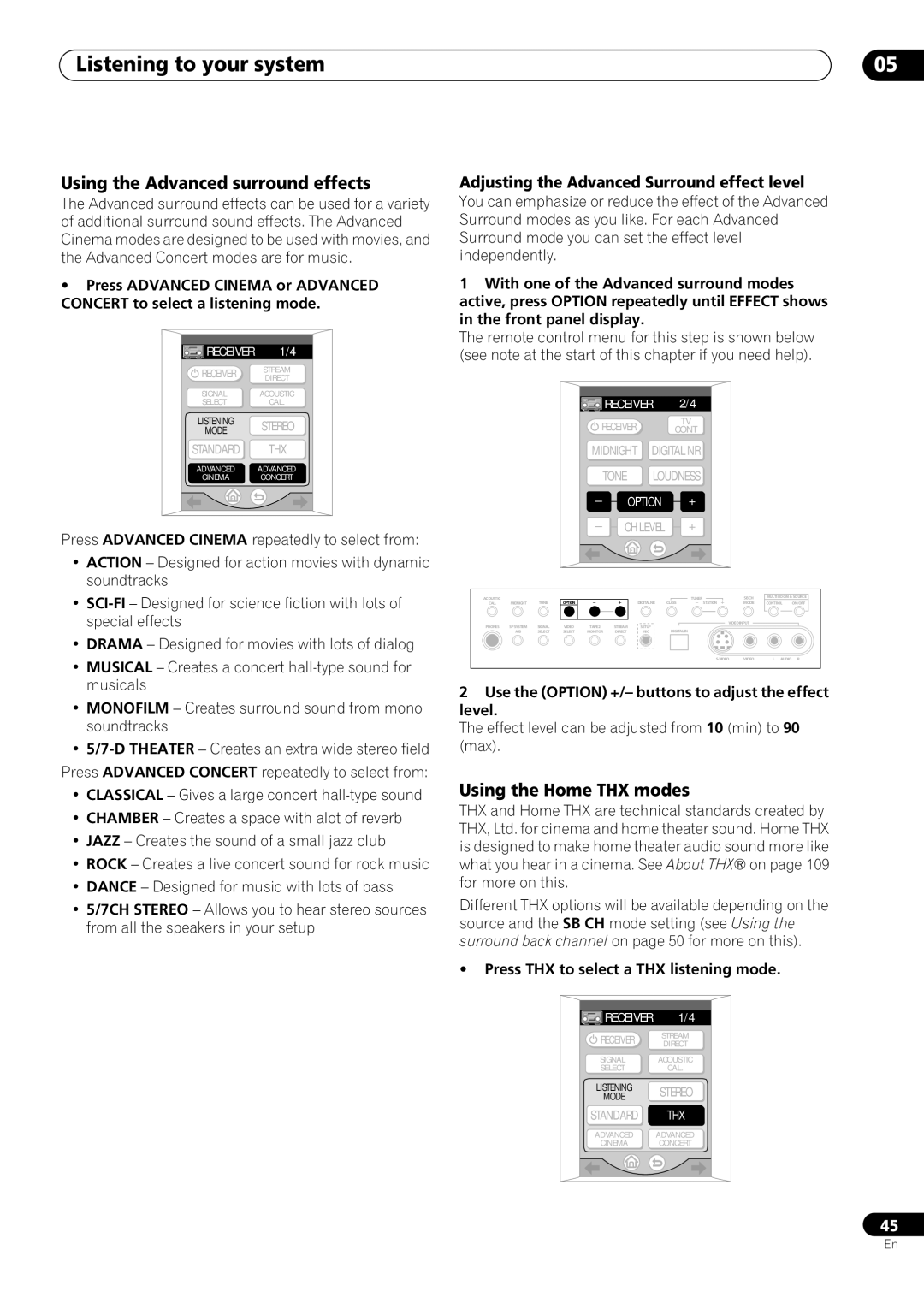 Pioneer VSX-59TXi Using the Advanced surround effects, Using the Home THX modes, Press THX to select a THX listening mode 