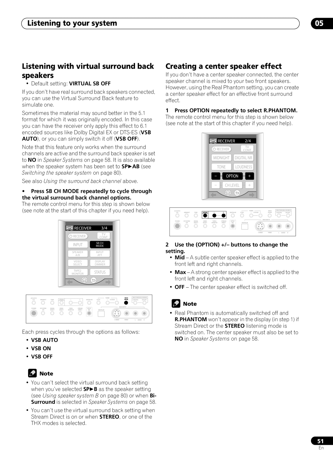 Pioneer VSX-59TXi operating instructions Creating a center speaker effect, VSB Auto VSB on VSB OFF 