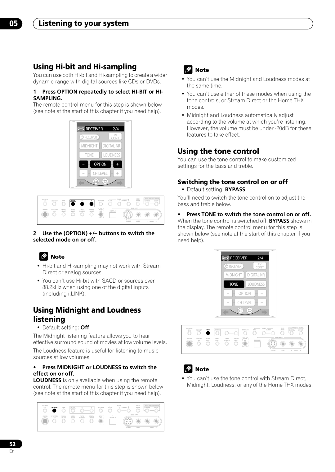 Pioneer VSX-59TXi Listening to your system Using Hi-bit and Hi-sampling, Using Midnight and Loudness listening, Sampling 