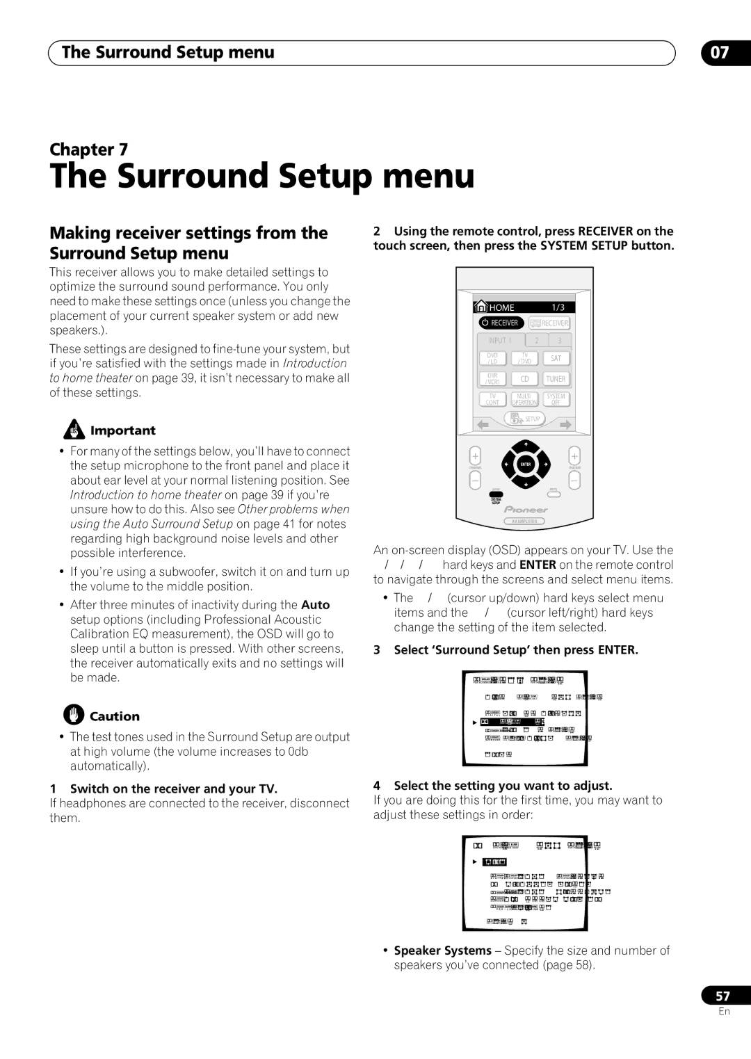 Pioneer VSX-59TXi Surround Setup menu Chapter, Making receiver settings from the Surround Setup menu 