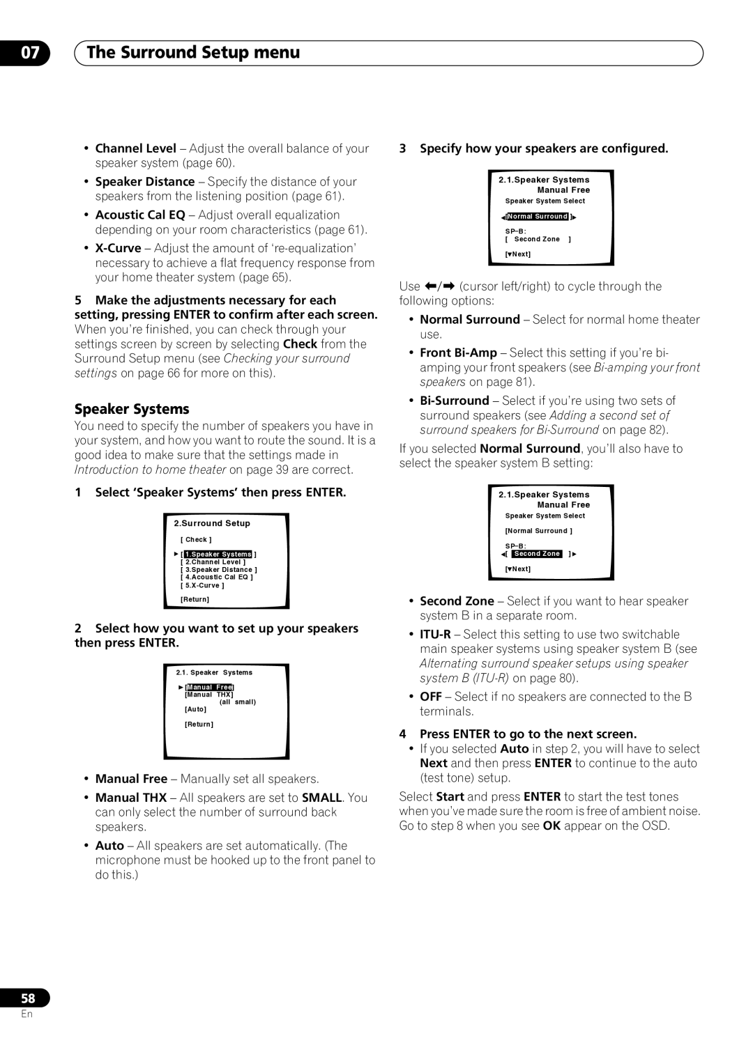 Pioneer VSX-59TXi operating instructions Surround Setup menu, Speaker Systems 