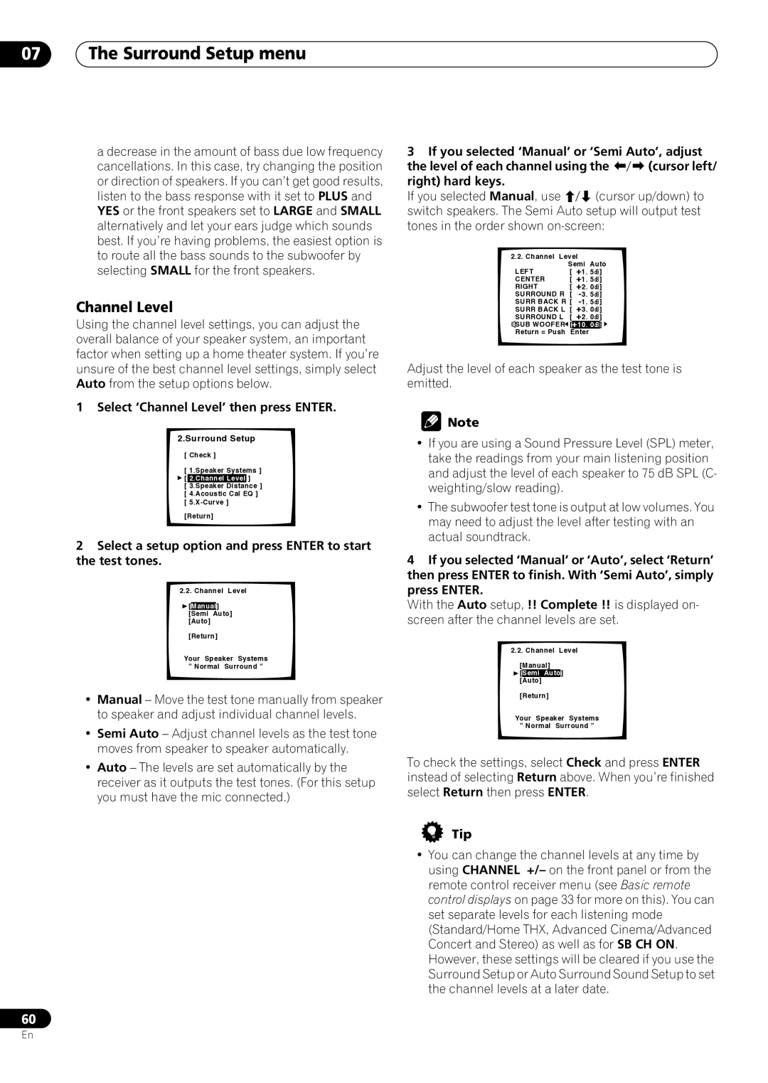 Pioneer VSX-59TXi operating instructions Select ‘Channel Level’ then press Enter 