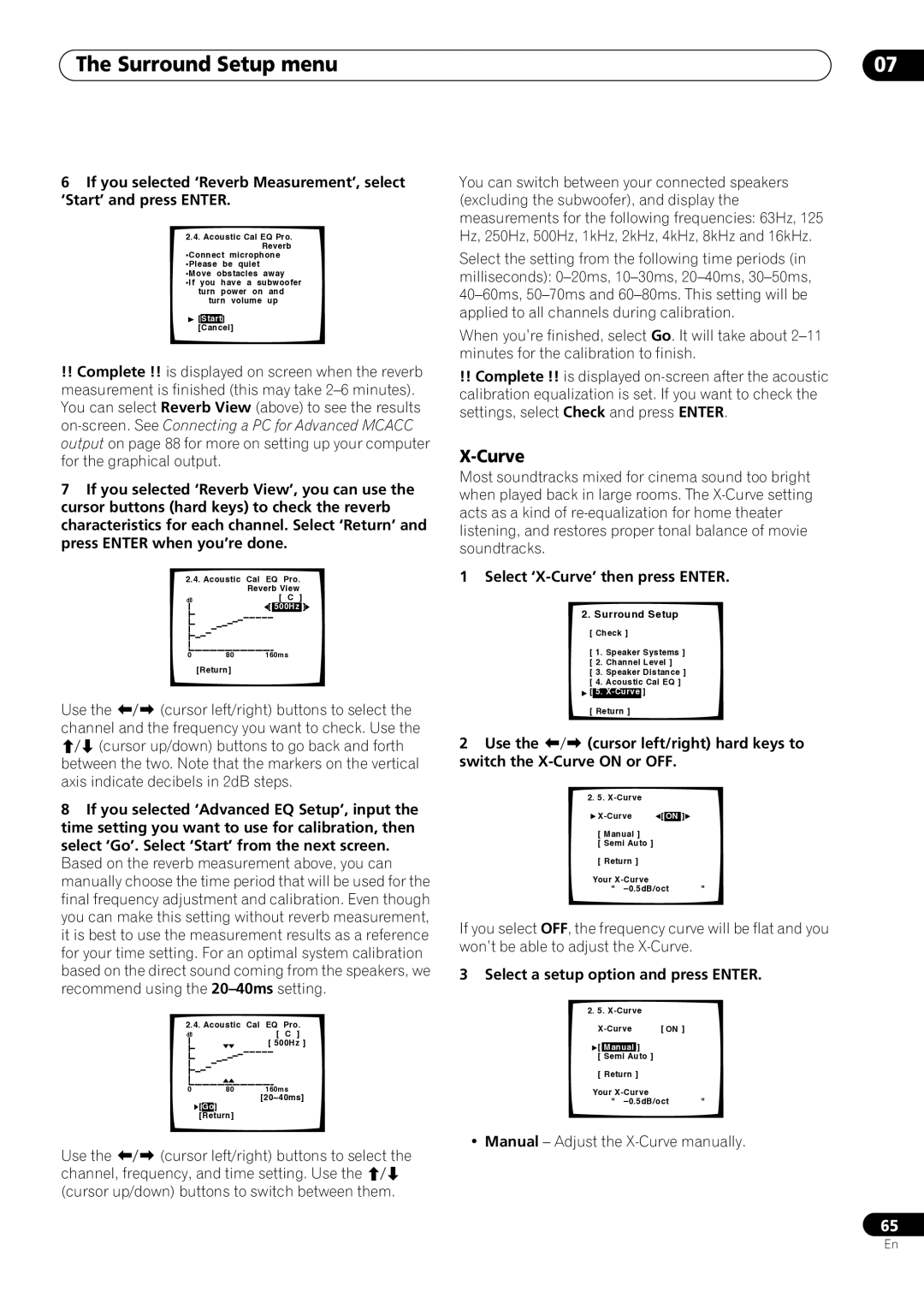 Pioneer VSX-59TXi operating instructions Use Cursor left/right buttons to select, Select ‘X-Curve’ then press Enter 