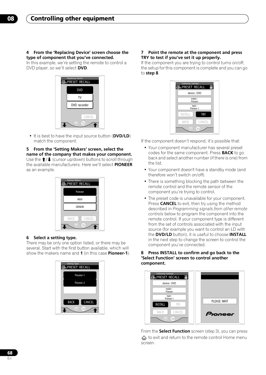 Pioneer VSX-59TXi operating instructions Controlling other equipment, Select a setting type 