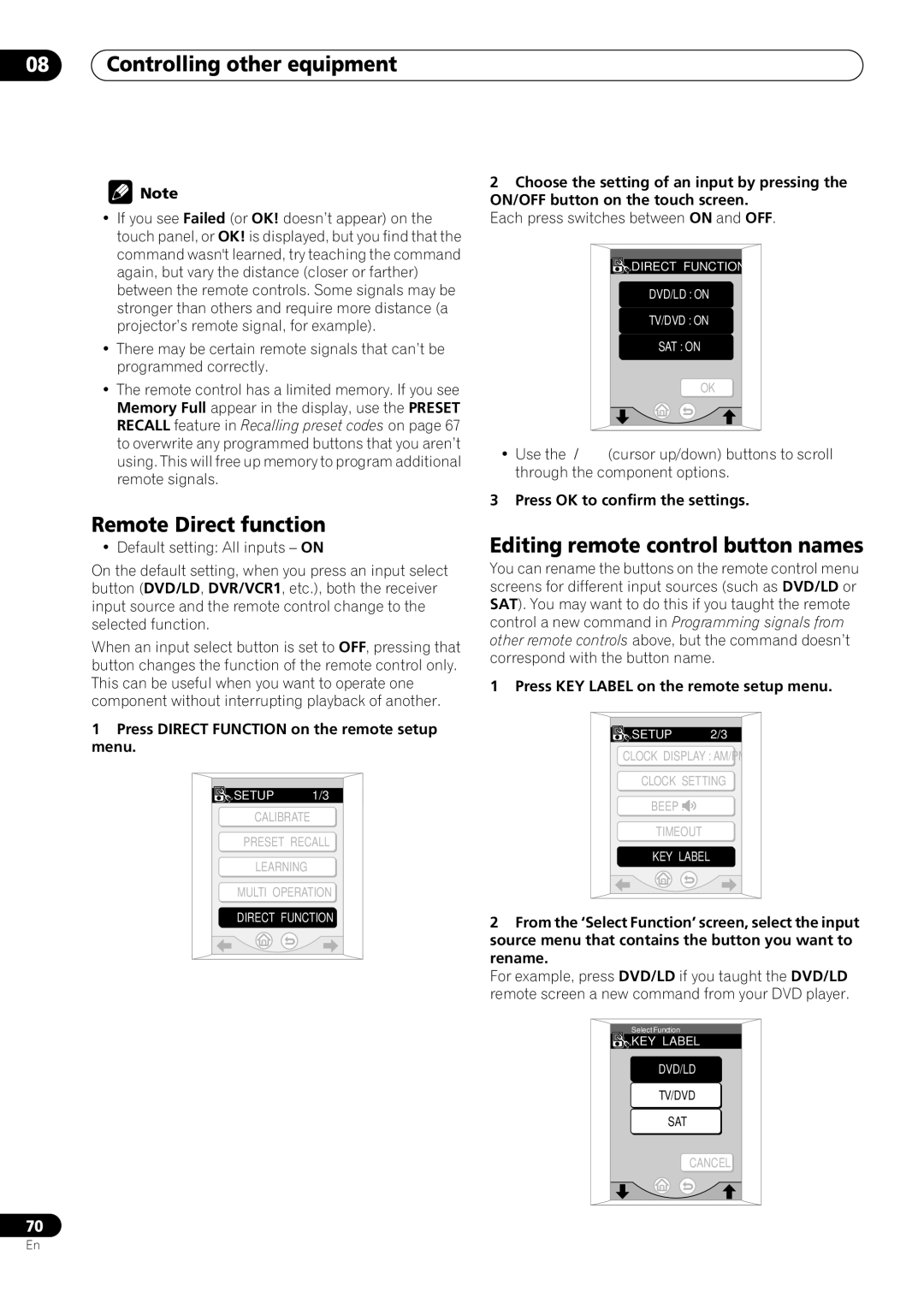 Pioneer VSX-59TXi Remote Direct function, Editing remote control button names, Press OK to confirm the settings 