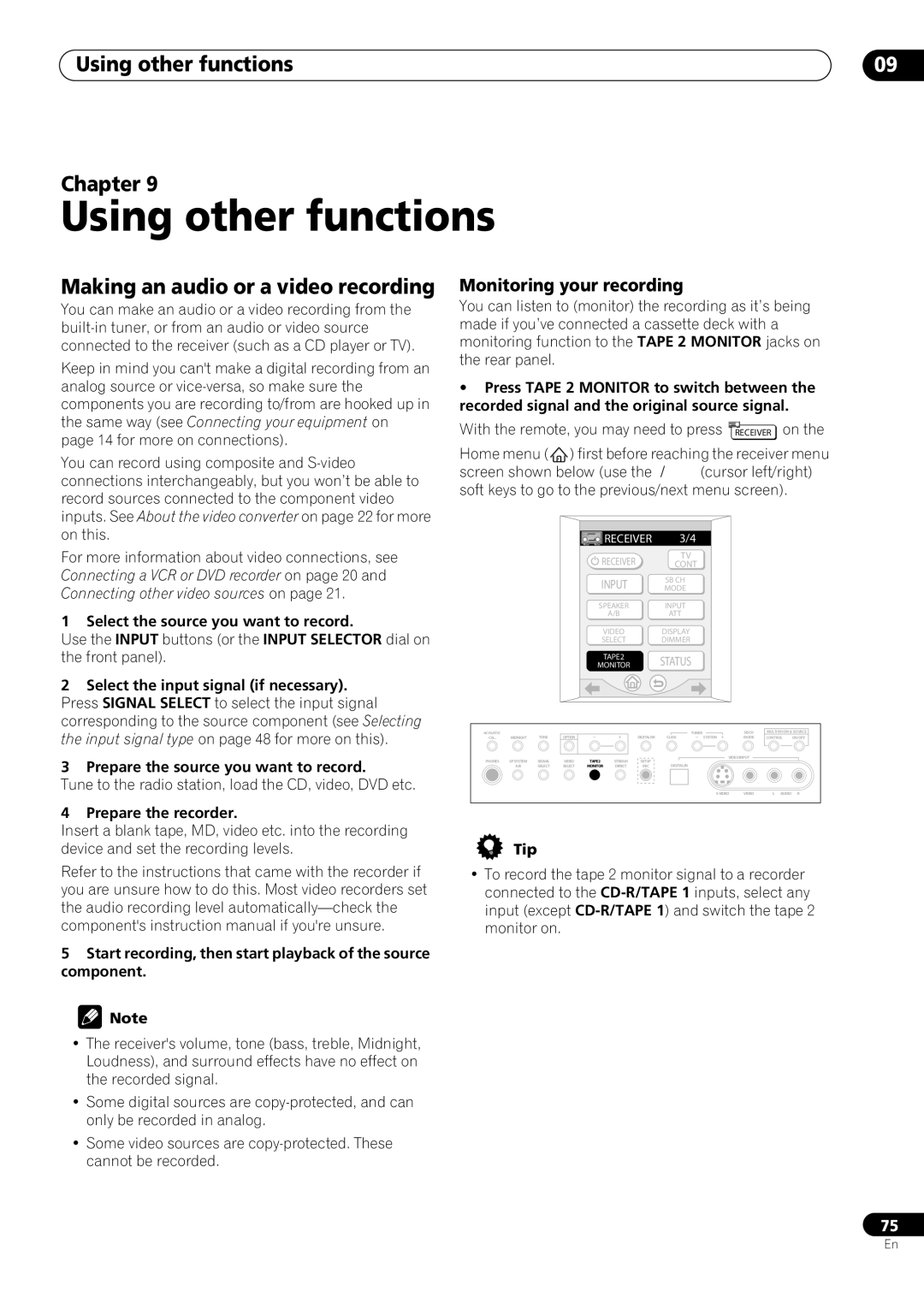 Pioneer VSX-59TXi Using other functions Chapter, Making an audio or a video recording, Monitoring your recording 