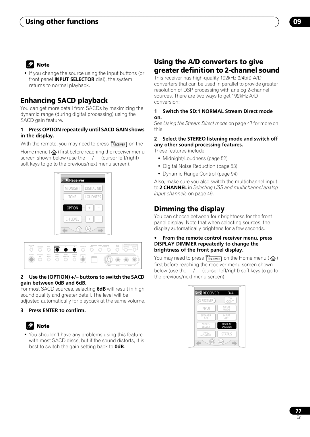 Pioneer VSX-59TXi operating instructions Using other functions, Enhancing Sacd playback, Dimming the display 