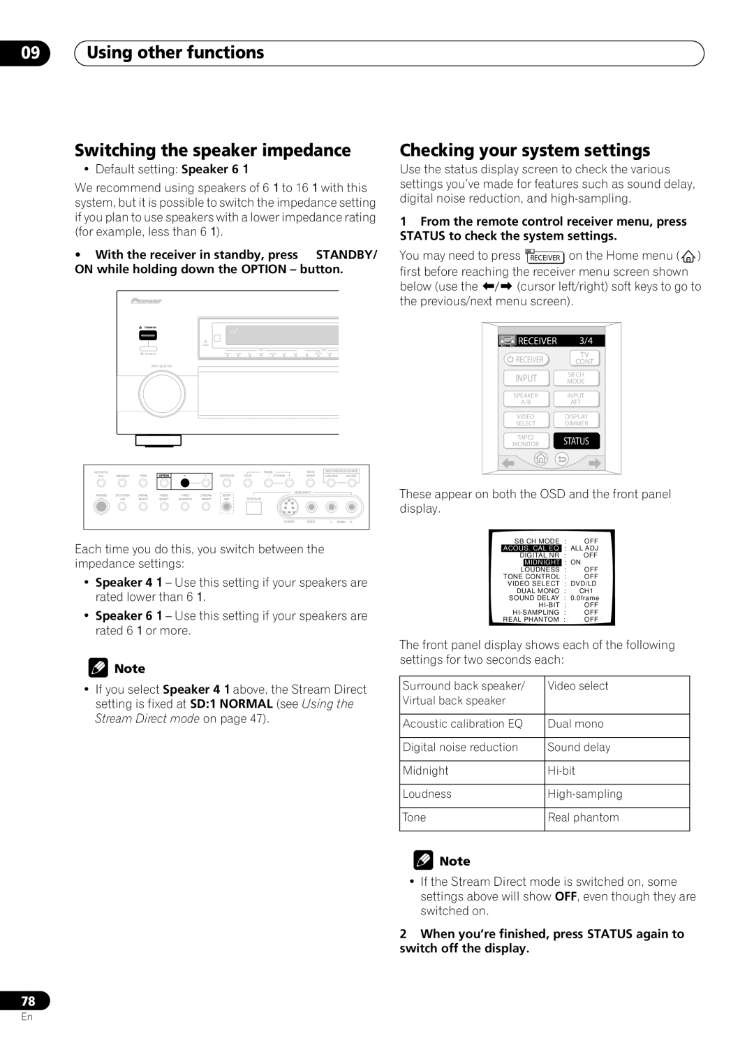 Pioneer VSX-59TXi Using other functions Switching the speaker impedance, Checking your system settings 