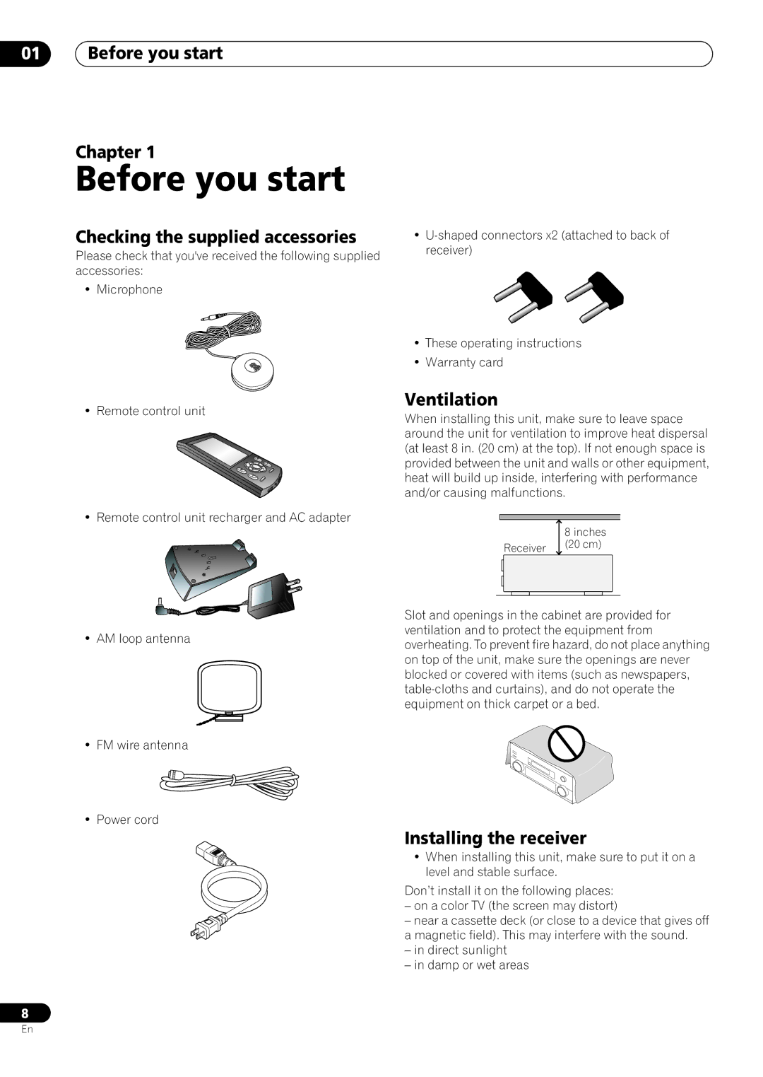 Pioneer VSX-59TXi Before you start Chapter, Checking the supplied accessories, Ventilation, Installing the receiver 