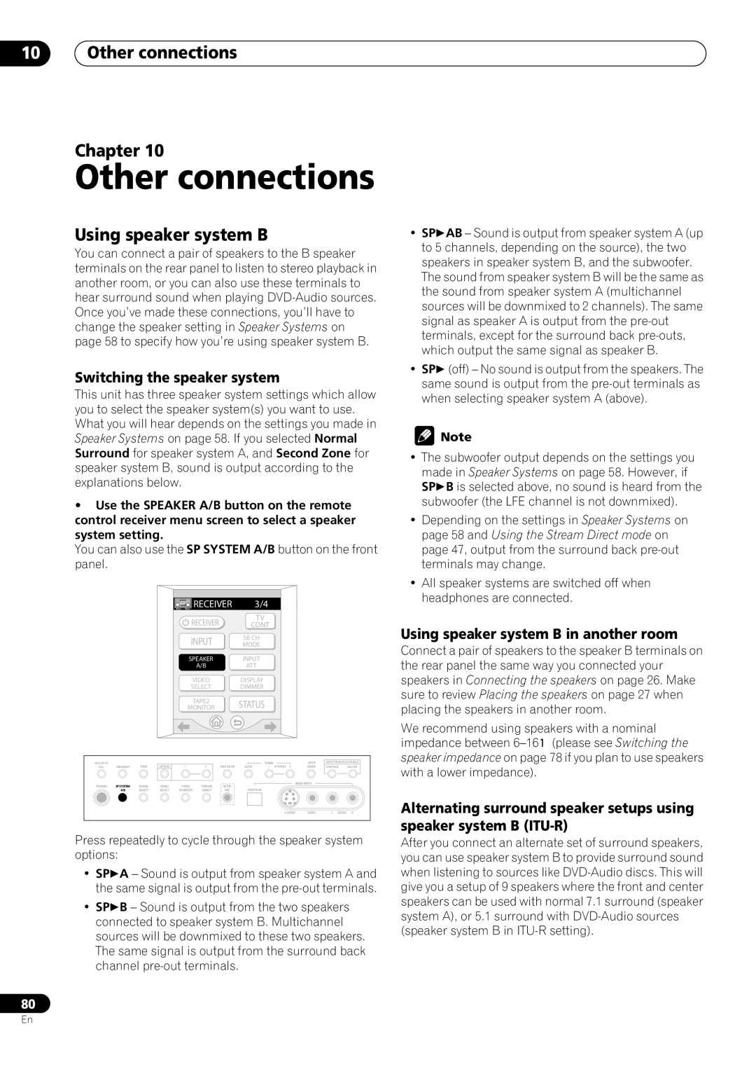 Pioneer VSX-59TXi Other connections Chapter, Using speaker system B, Switching the speaker system 