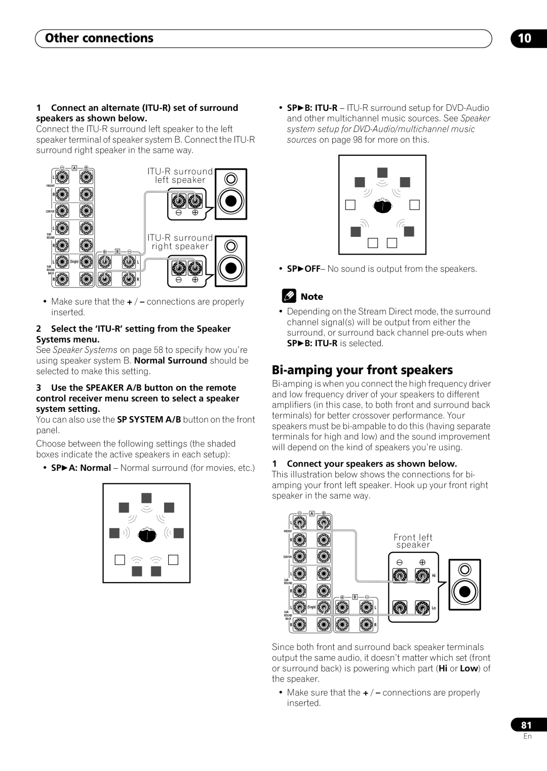 Pioneer VSX-59TXi operating instructions Other connections, Bi-amping your front speakers, SP B ITU-R is selected 