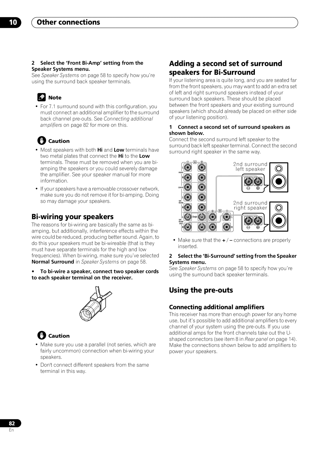 Pioneer VSX-59TXi operating instructions Bi-wiring your speakers, Using the pre-outs, Connecting additional amplifiers 