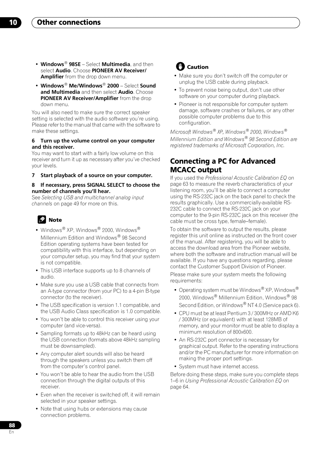 Pioneer VSX-59TXi operating instructions Connecting a PC for Advanced Mcacc output 