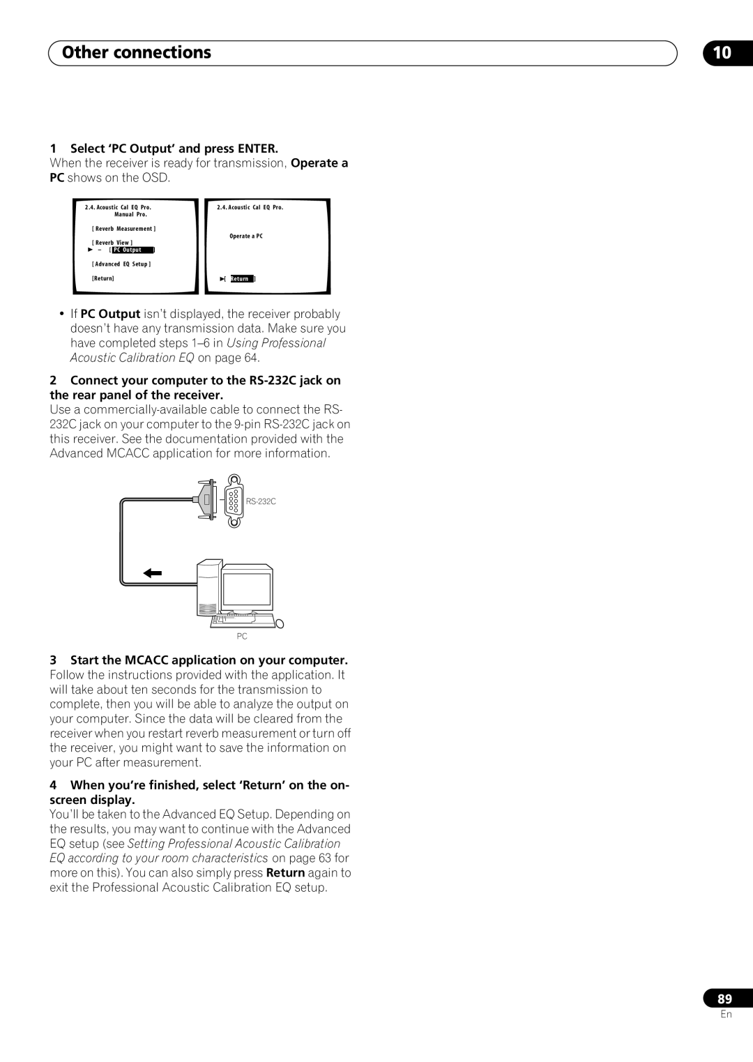 Pioneer VSX-59TXi operating instructions Select ‘PC Output’ and press Enter 